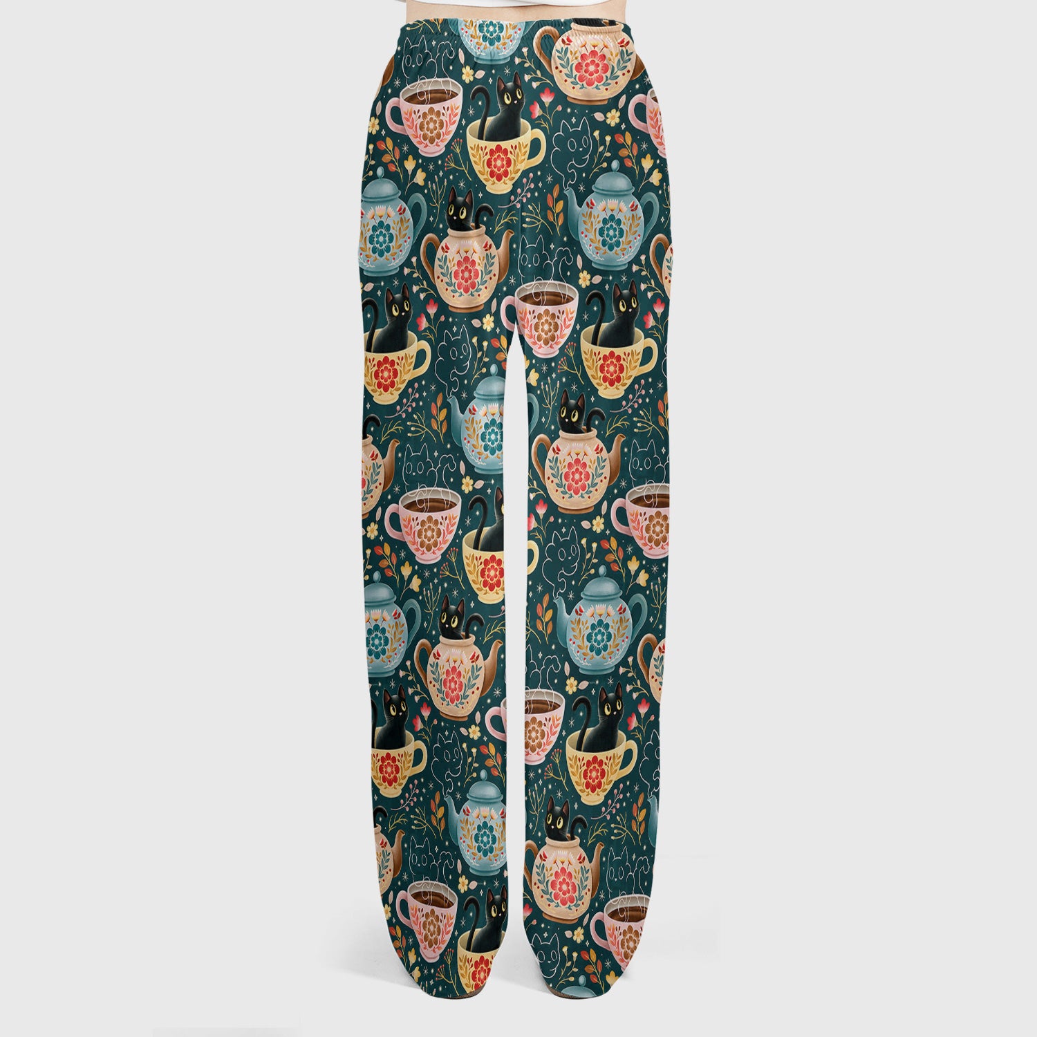 Black Cat Tea Party Veterinary Pattern Scrub Set, Scrub Pants and V Neck Top