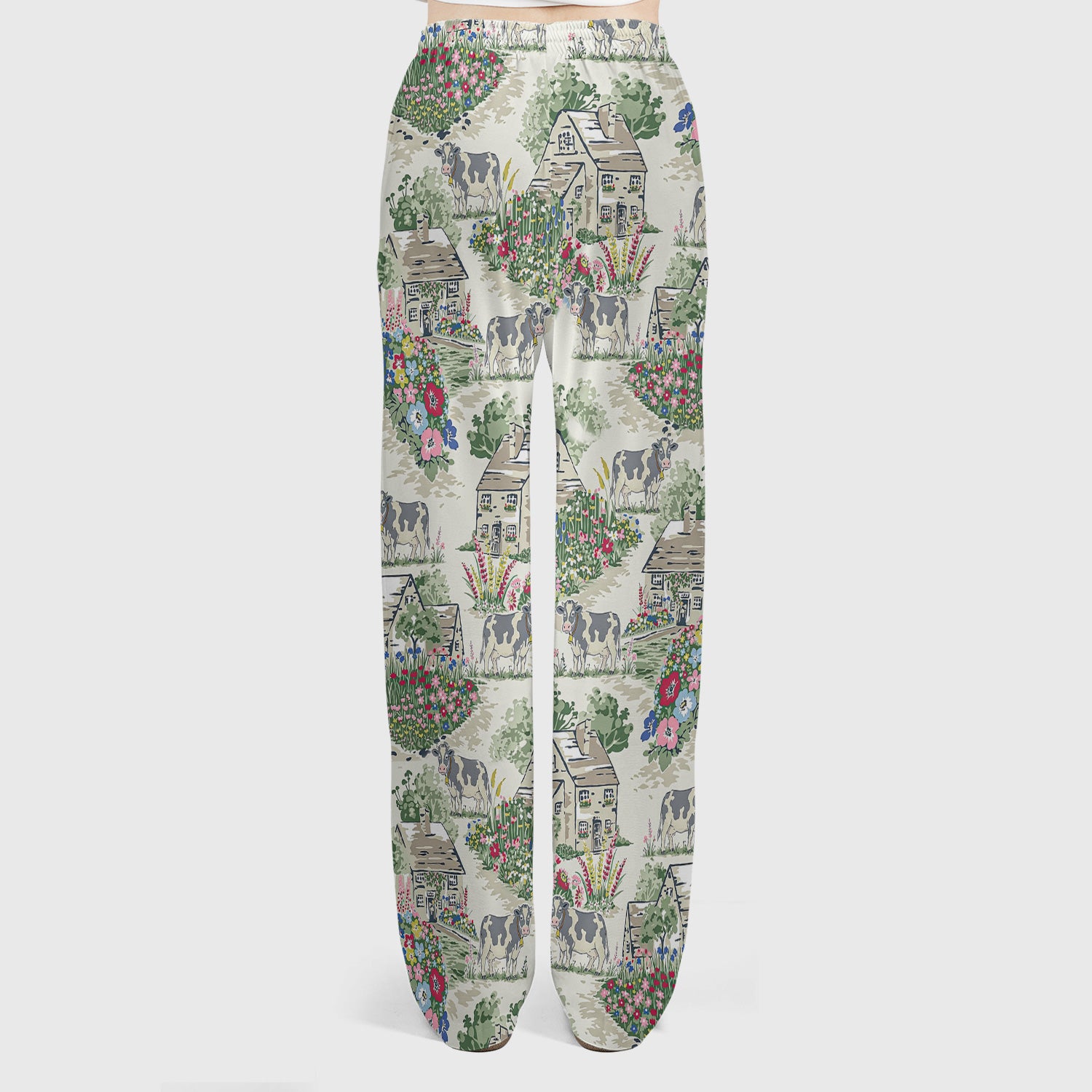 Charming Countryside Cows Cottage Garden Pattern Scrub Set, Scrub Pants and V Neck Top