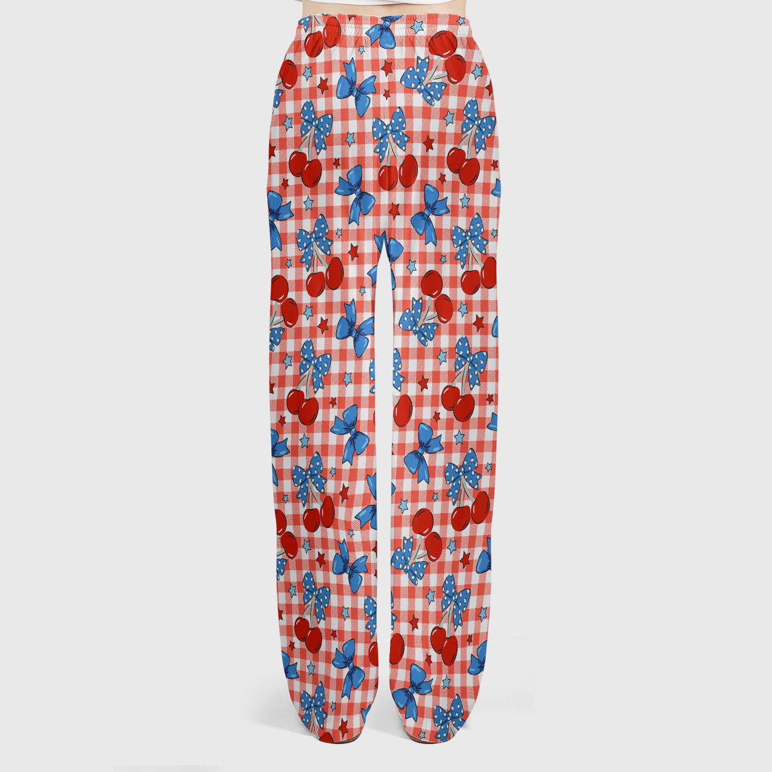 Cute Patriotic Cherry Bow Checkered Pattern Scrub Set, Scrub Pants and V Neck Top
