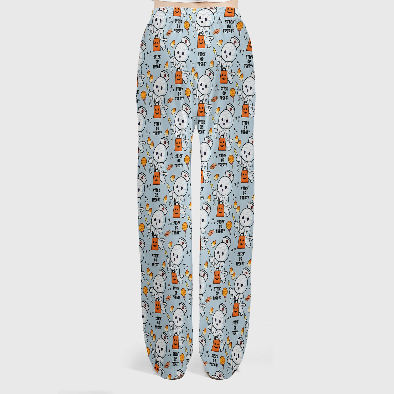 Funny Halloween Stick Or Treat Mummy Nurse Scrub Set, Scrub Pants and V Neck Top