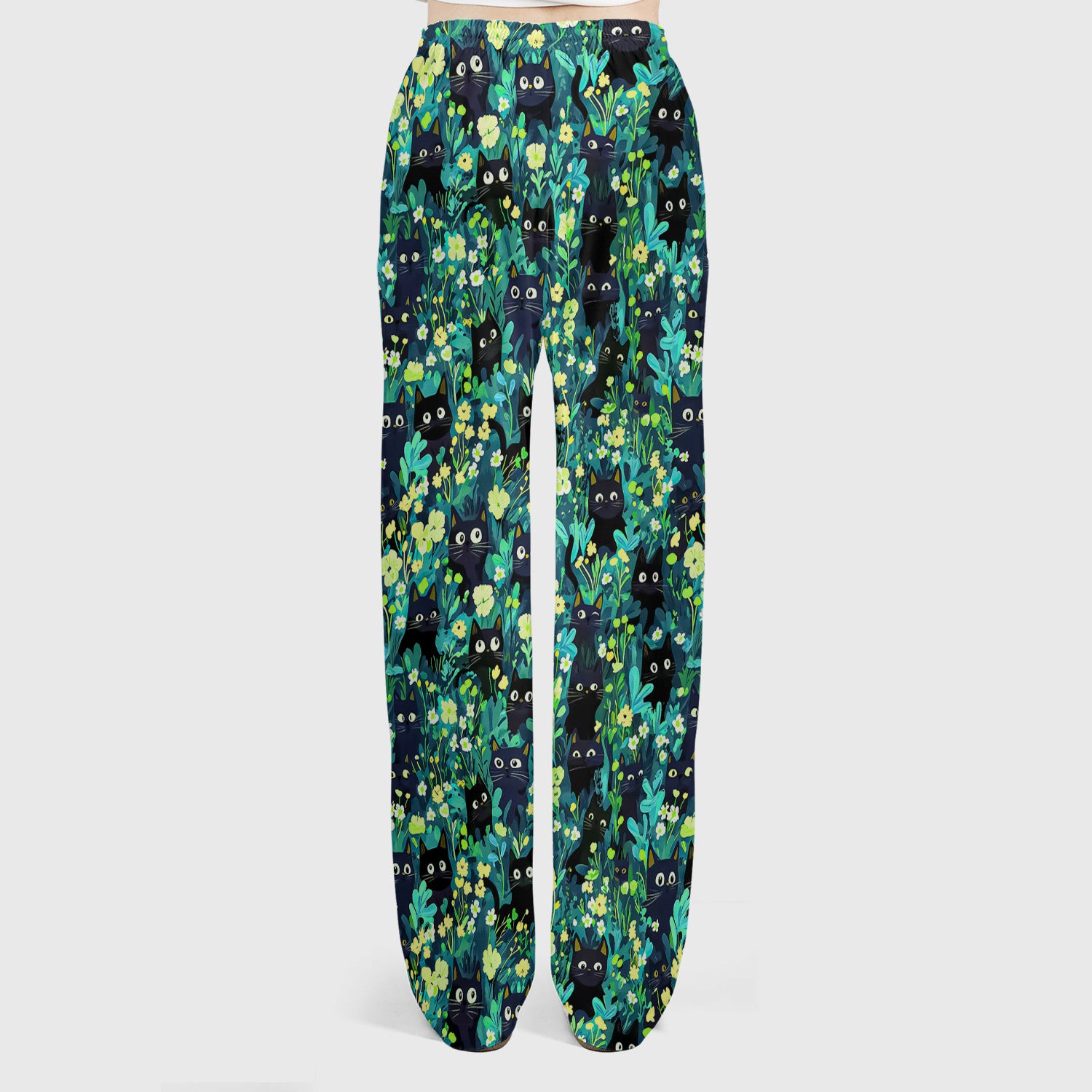Black Cat Floral Pattern Scrub Set, Scrub Pants and V Neck Top