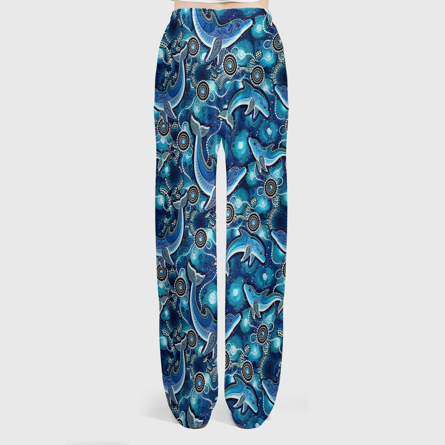 Ocean Dolphin Aboriginal Dot Print Scrub Set, Scrub Pants and V Neck Top