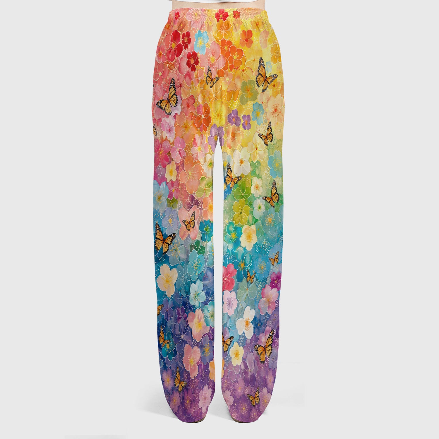 Rainbow Butterfly Floral Blossom Pattern Scrub Set, Scrub Pants and V Neck Top