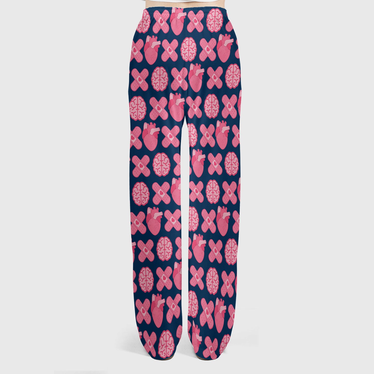 Heart & Brain Medical Icon Pattern Scrub Set, Scrub Pants and V Neck Top