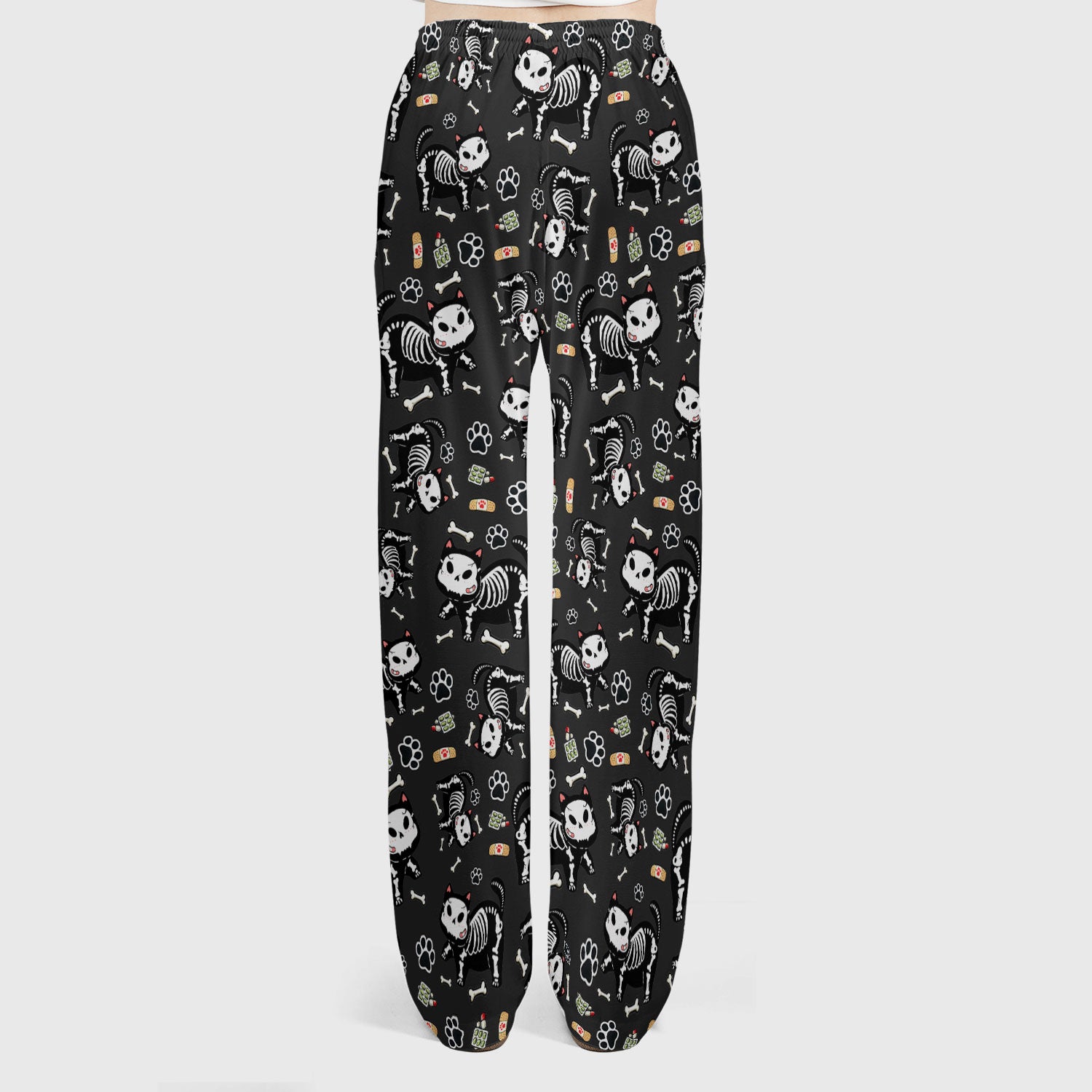 Skeleton Cat Medical Pattern Scrub Set, Scrub Pants and V Neck Top