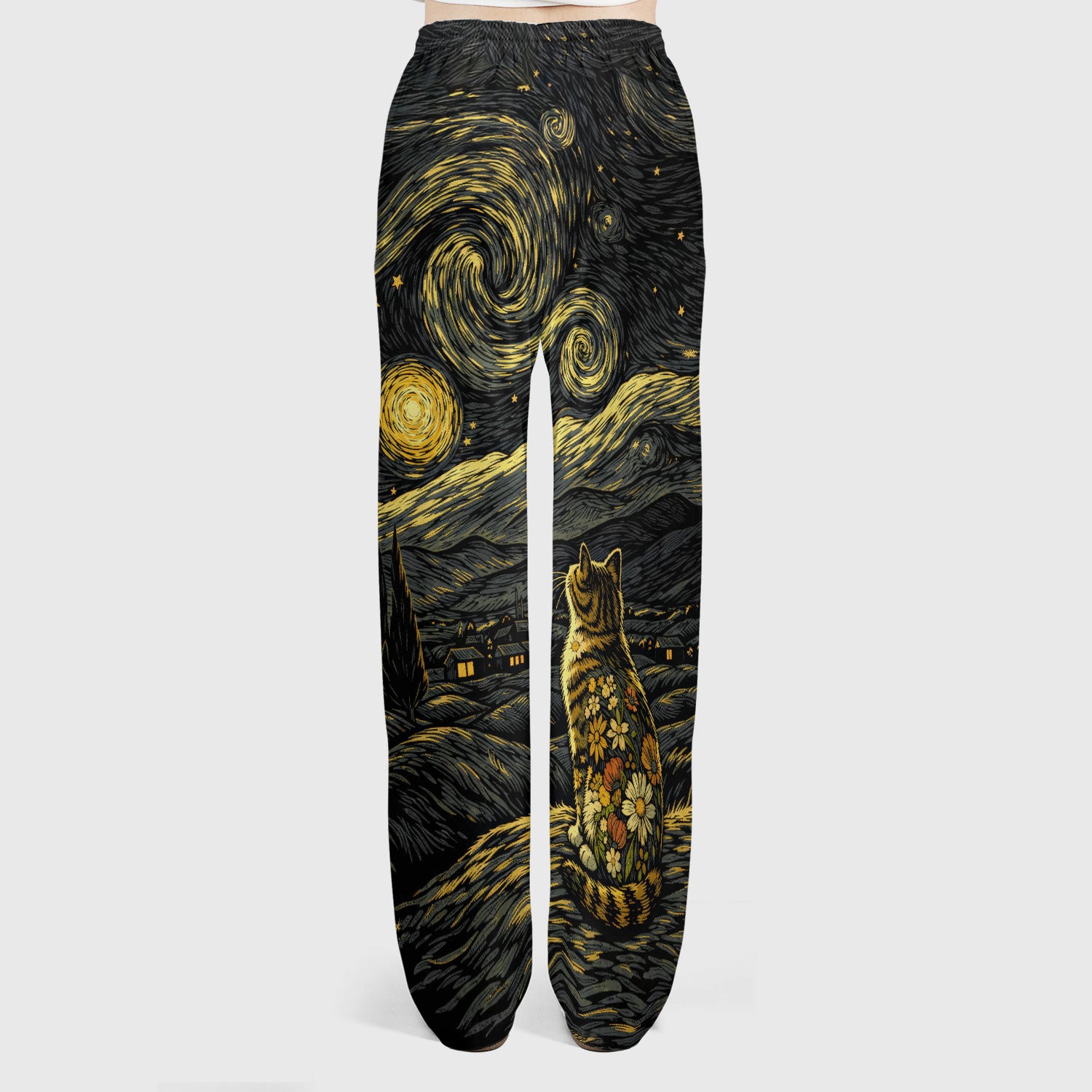 Galaxy Night Sky Cat With Flowers Print Scrub Set, Breathable Med Uniform