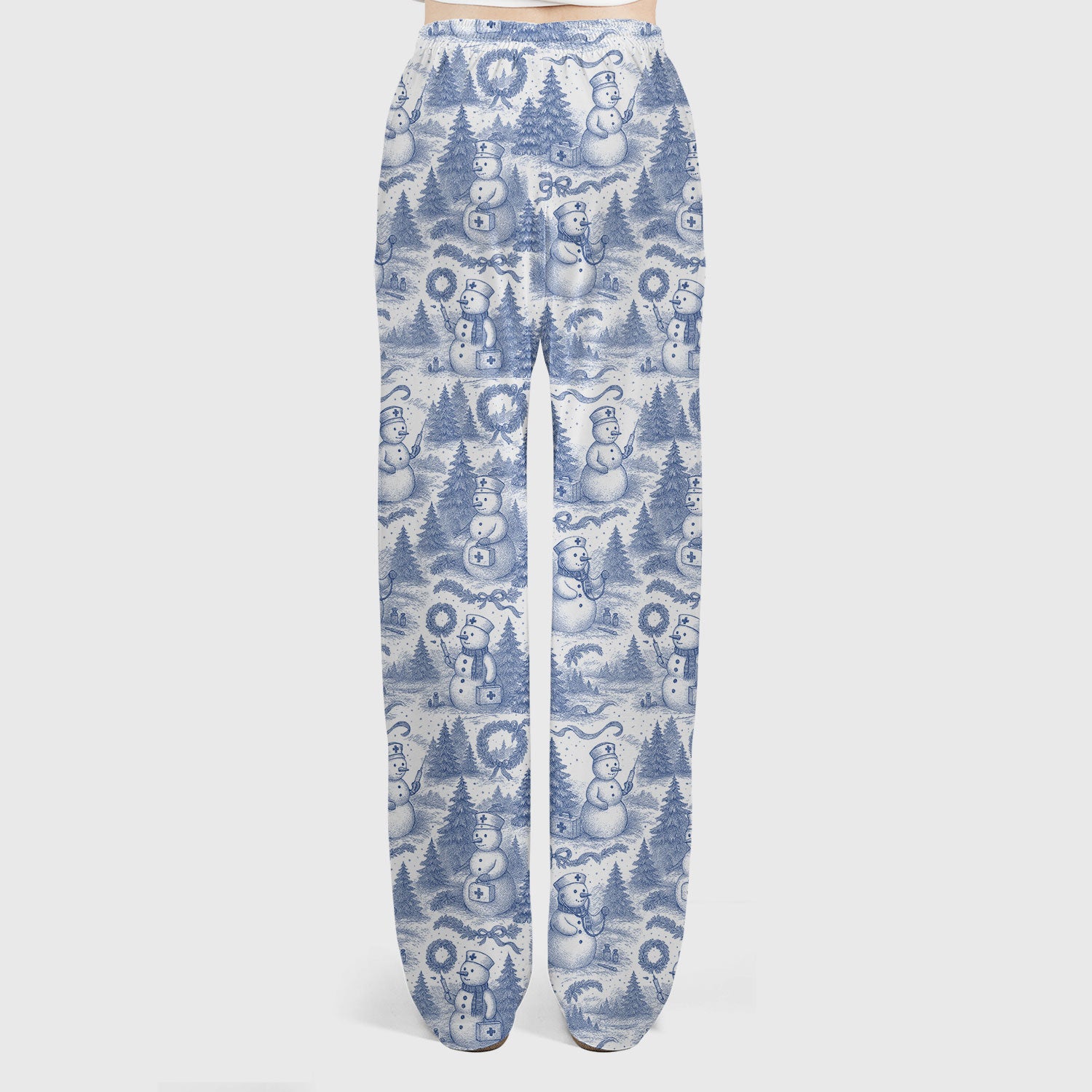 Toile de Jouy Christmas Scrubs Set – Elegant Snowman and Nurse Pattern – Classic Holiday Scrub Top and Pants for Women