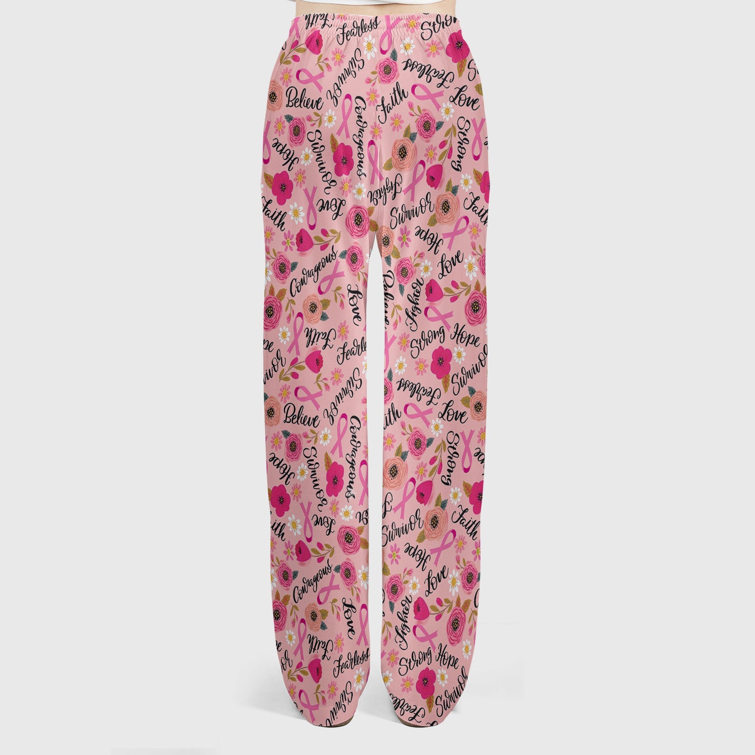 Breast Cancer Awareness Oncology with Pink Ribbon Floral Pattern Scrub Set, Scrub Pants and V Neck Top