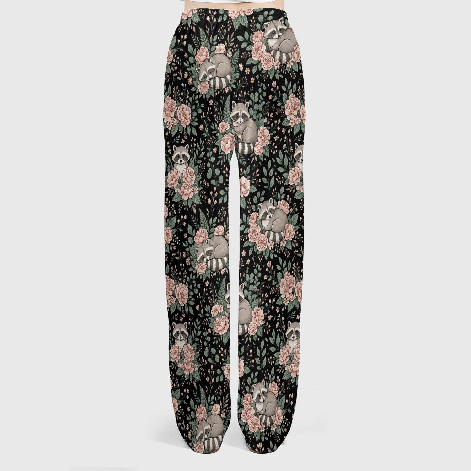 Sleeping Raccoon Rose Garden Pattern Scrub Set, Scrub Pants and V Neck Top
