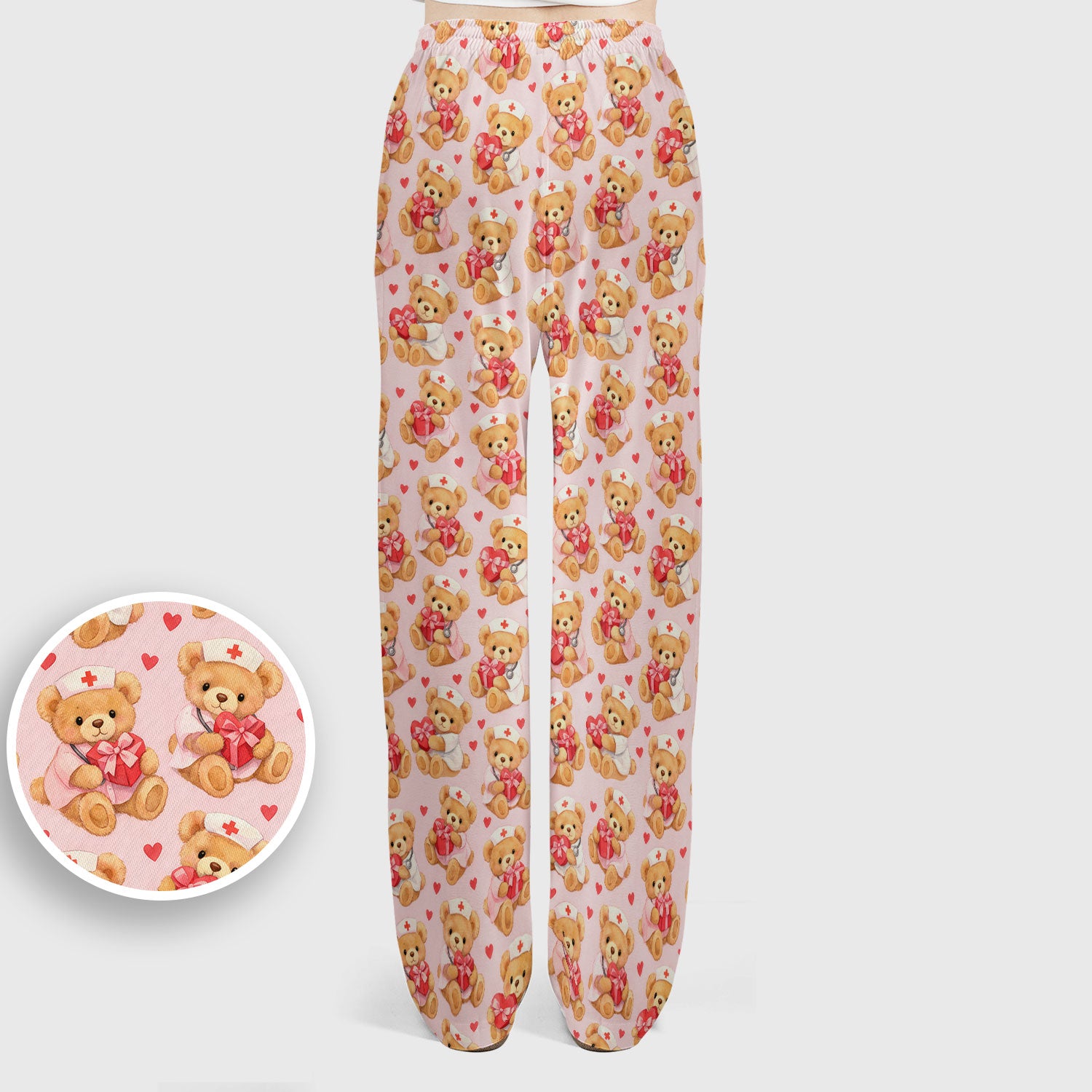 Valentine Teddy Pattern Scrub Set, Bear And Heart Medical Nurse Scrub Shirt, Breathable Fabrics Nursing Uniform