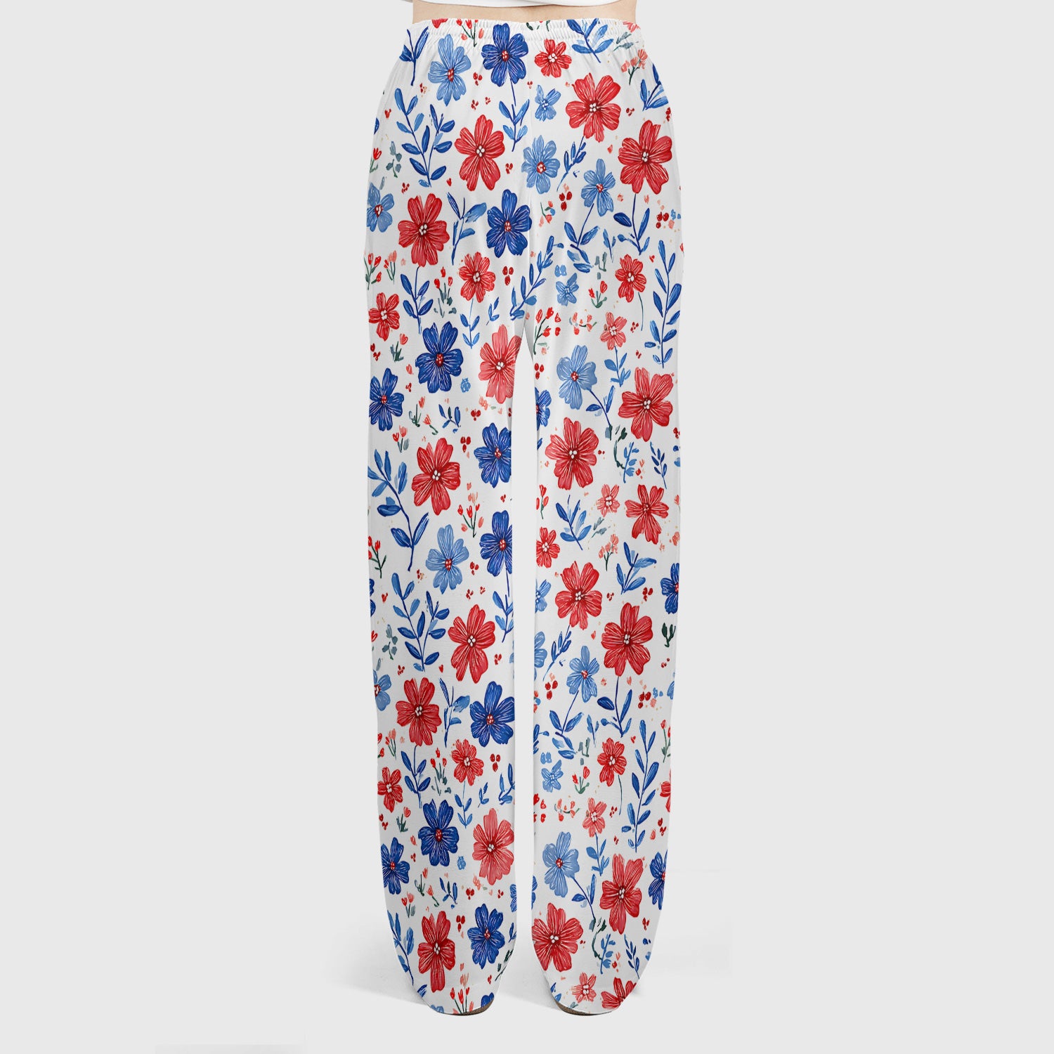 Patriotic Red White Blue Floral Print Scrub Set, Scrub Pants and V Neck Top