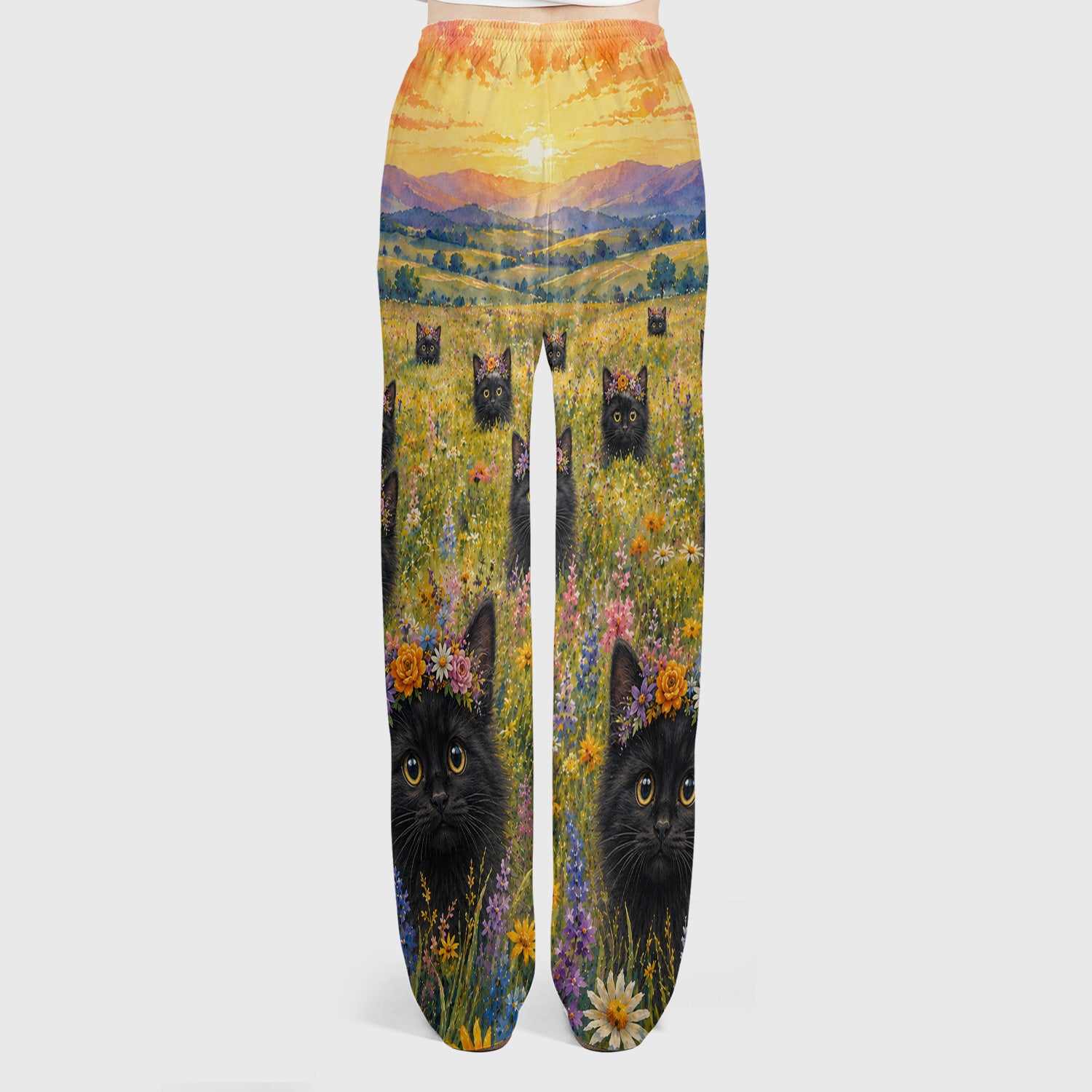 Black Kitten Flower Meadow Pattern Scrub Set, Scrub Pants and V Neck Top
