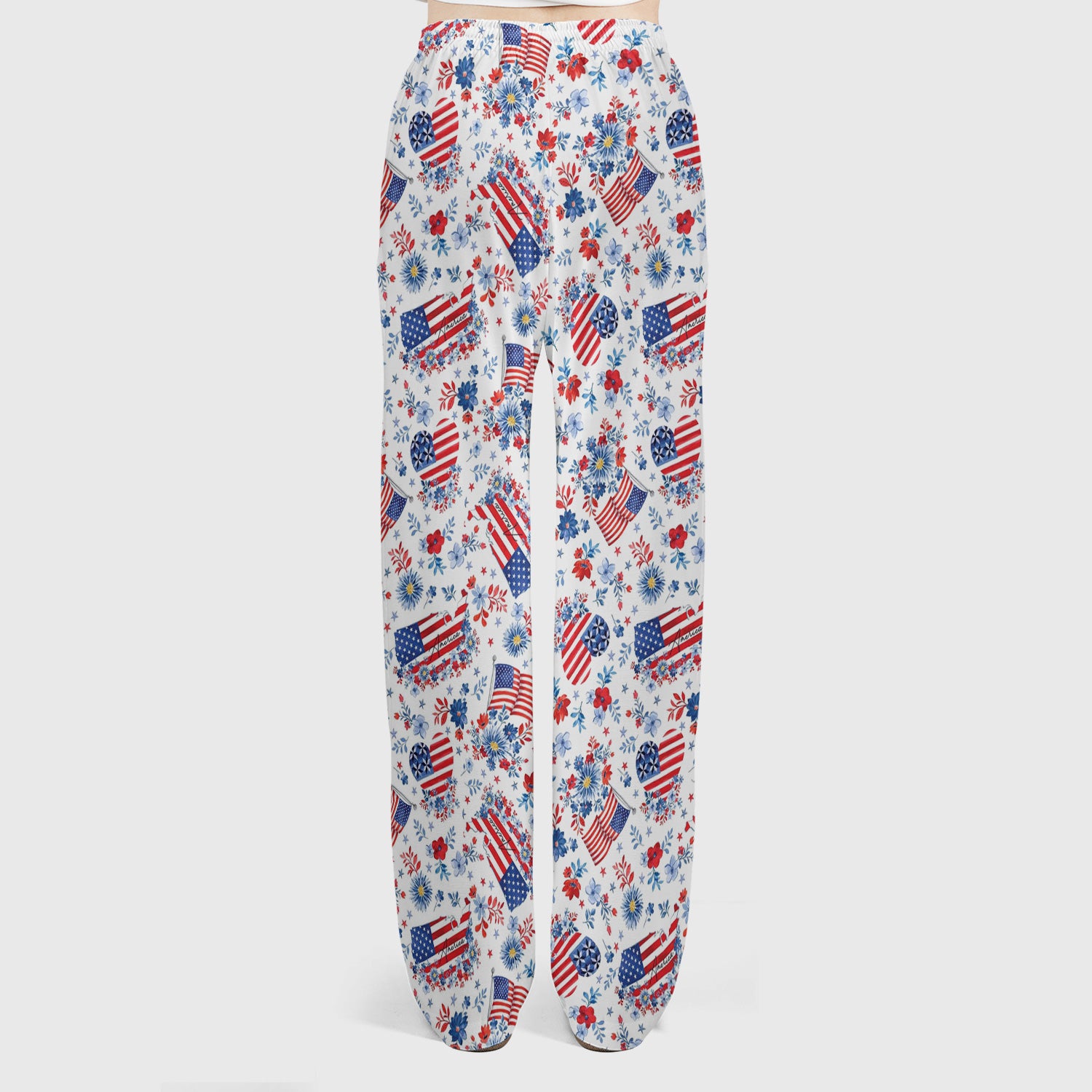 Festive American Flag Heart Floral Pattern Scrub Set, Scrub Pants and V Neck Top