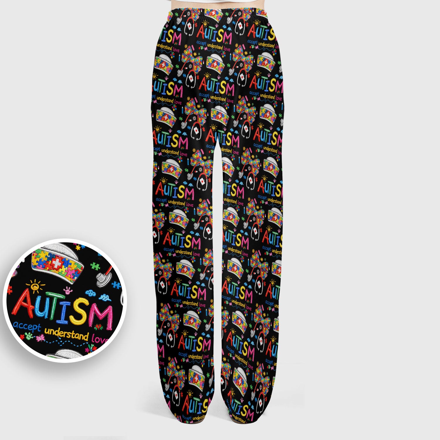 Autism Awareness Pattern Nurse Scrub Set, Accept Understand Love Puzzle Nurses Shirt, Breathable Fabrics Nursing Uniform