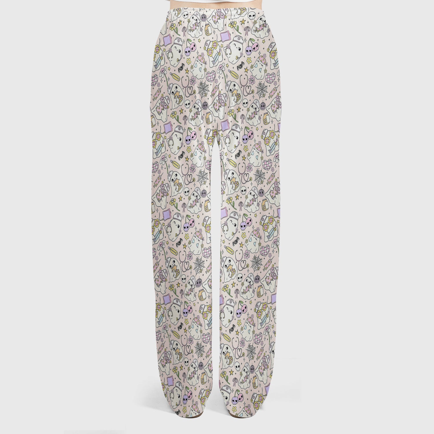 Cute Halloween Nurse Ghosts Pattern Scrub Set, Scrub Pants and V Neck Top