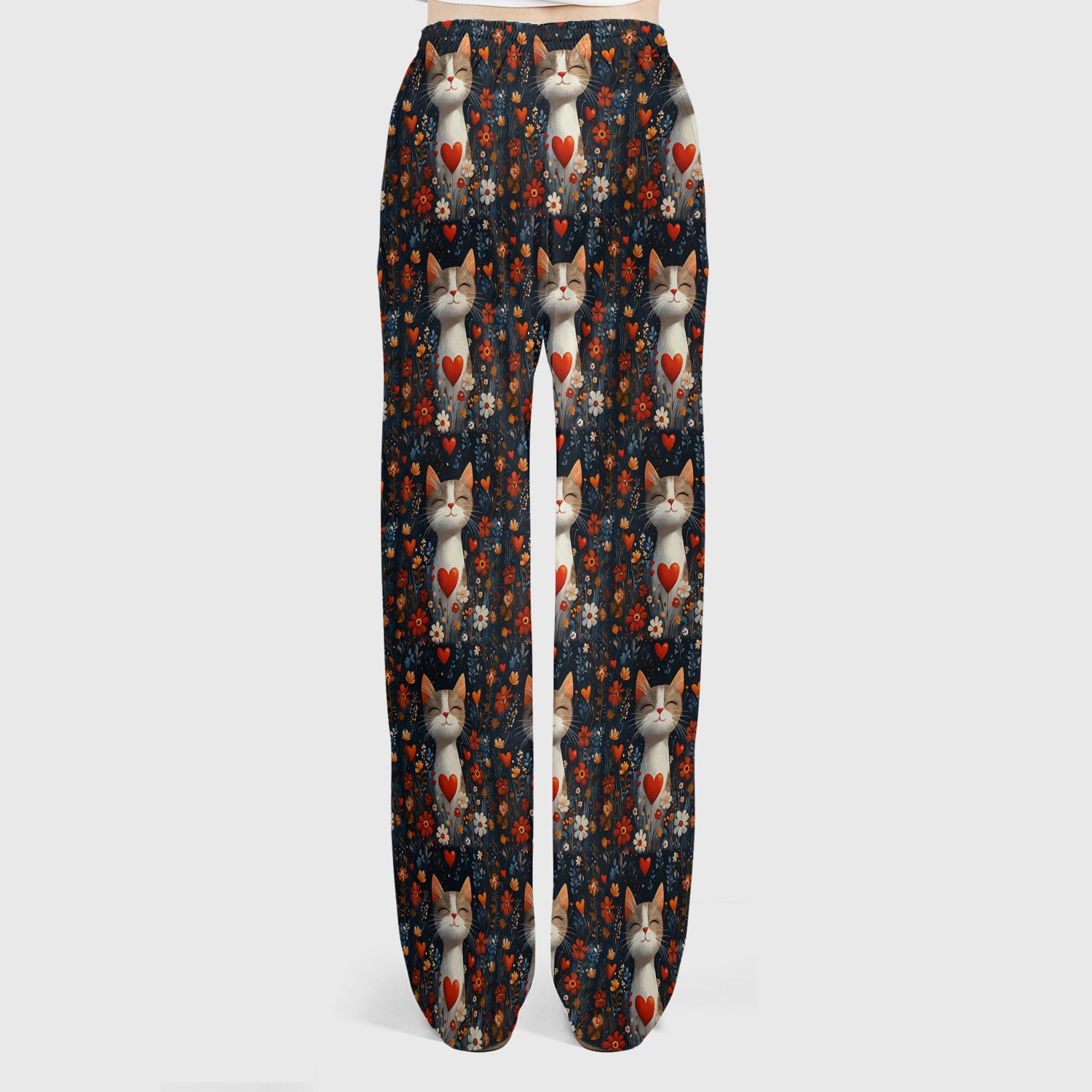 Cat Heart Floral Garden Pattern Scrub Set, Scrub Pants and V Neck Top