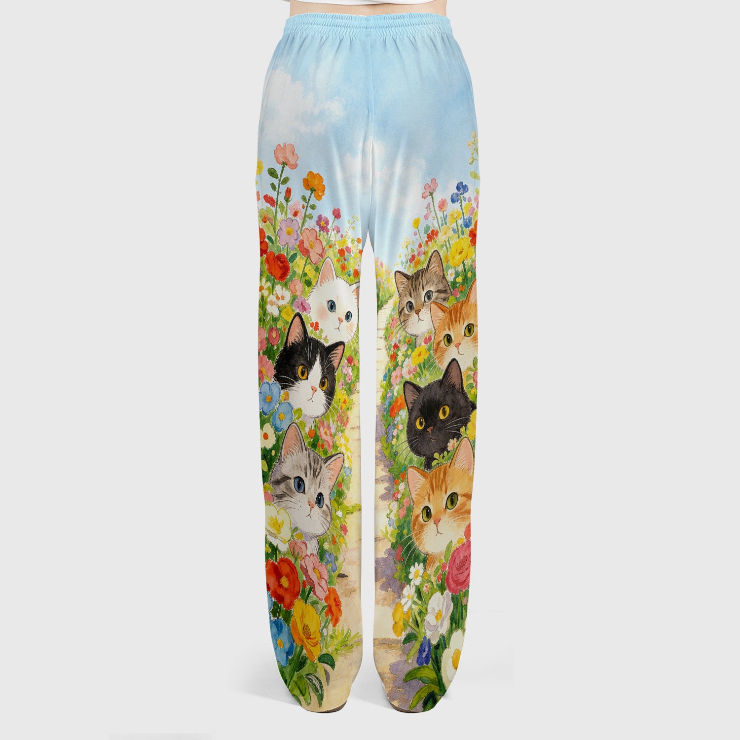 Cute Garden Cats Flower Path Pattern Scrub Set, Scrub Pants and V Neck Top