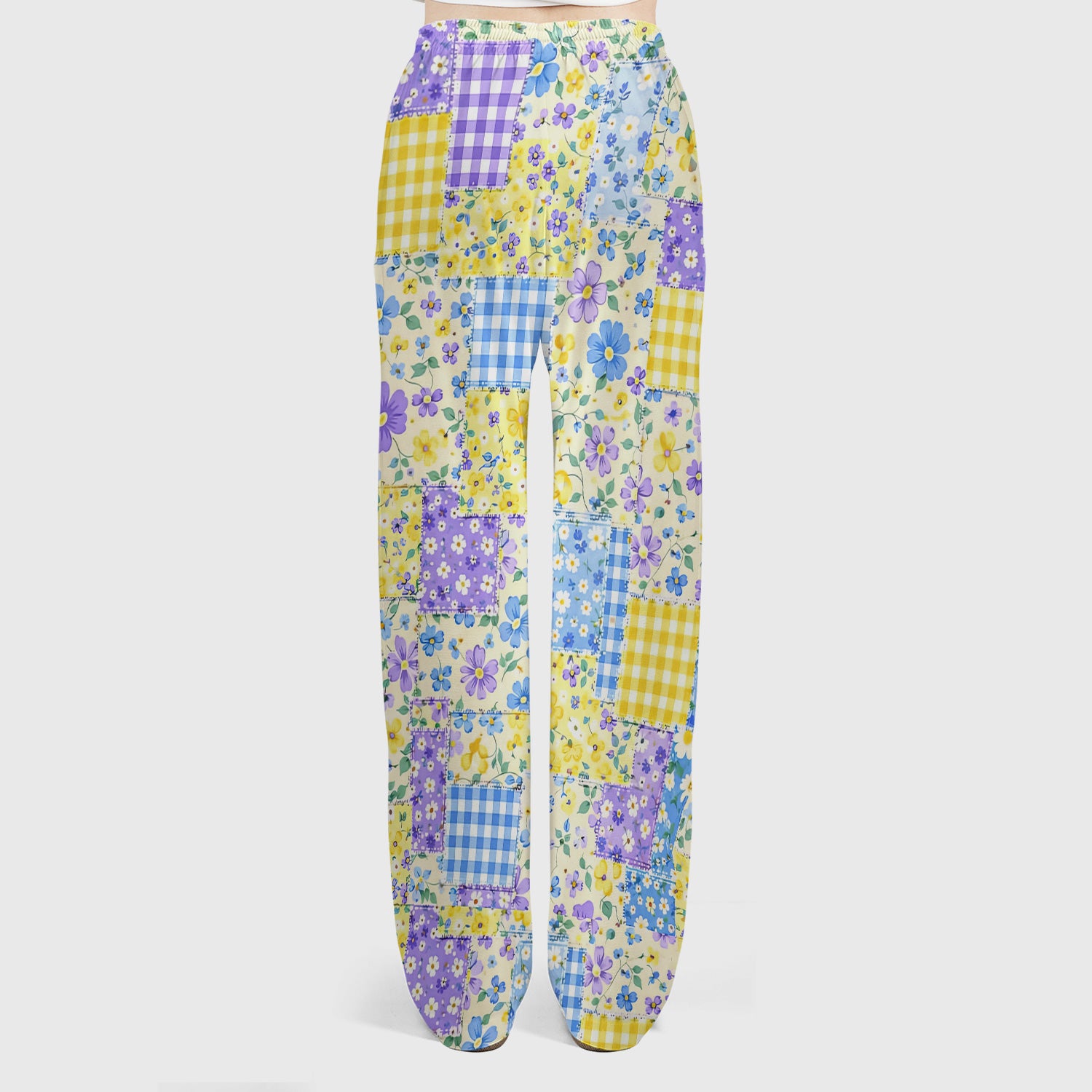 Cute Floral Patchwork Gingham Pattern Scrub Set, Women's Scrub Sets