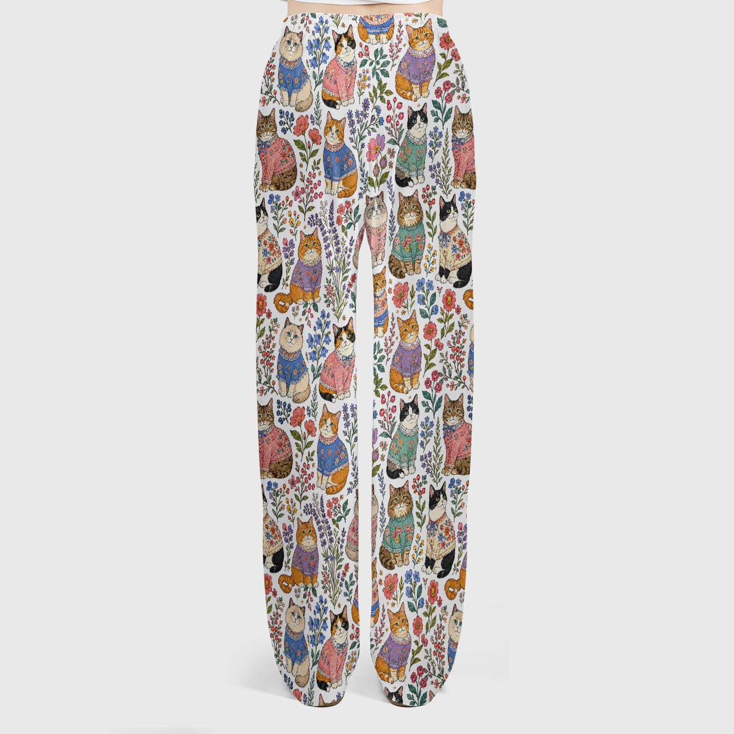 Cute Floral Cat Pattern Scrub Set, Scrub Pants and V Neck Top