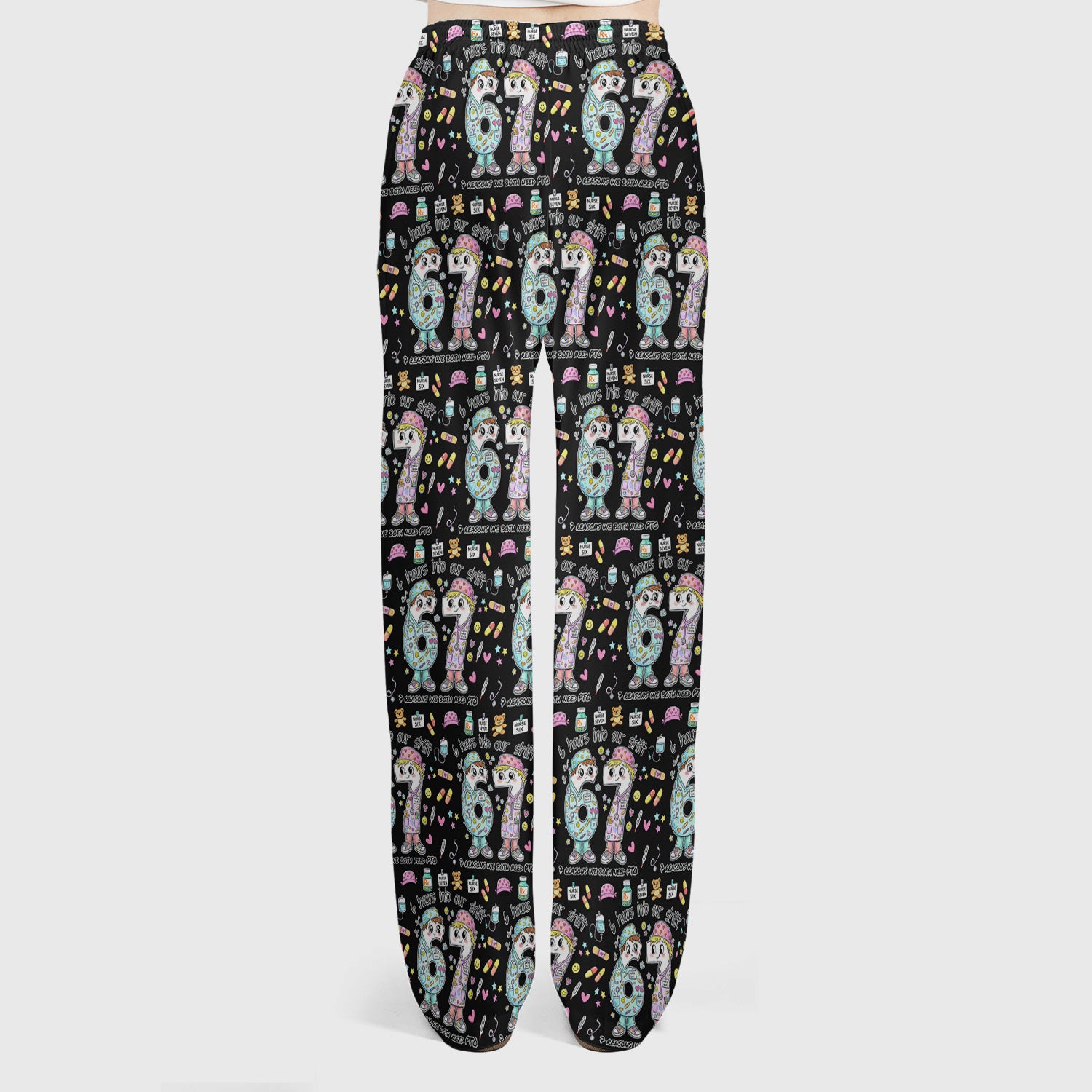 Cartoon Characters Six Hours Into Shift With Medical Doodle Scrub Set, Breathable Med Uniform