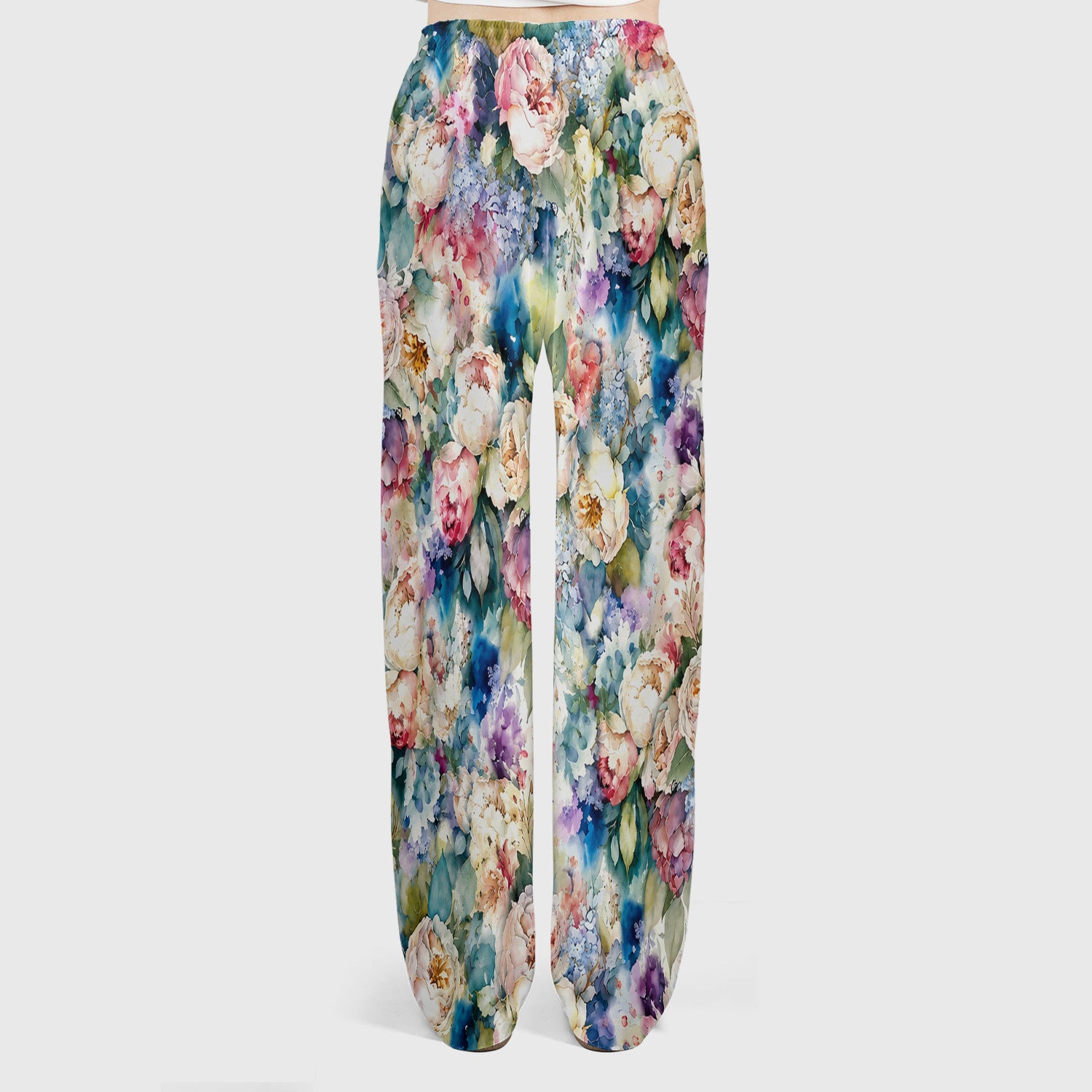Watercolor Peony Hydrangea Floral Print Scrub Set, Scrub Pants and V Neck Top