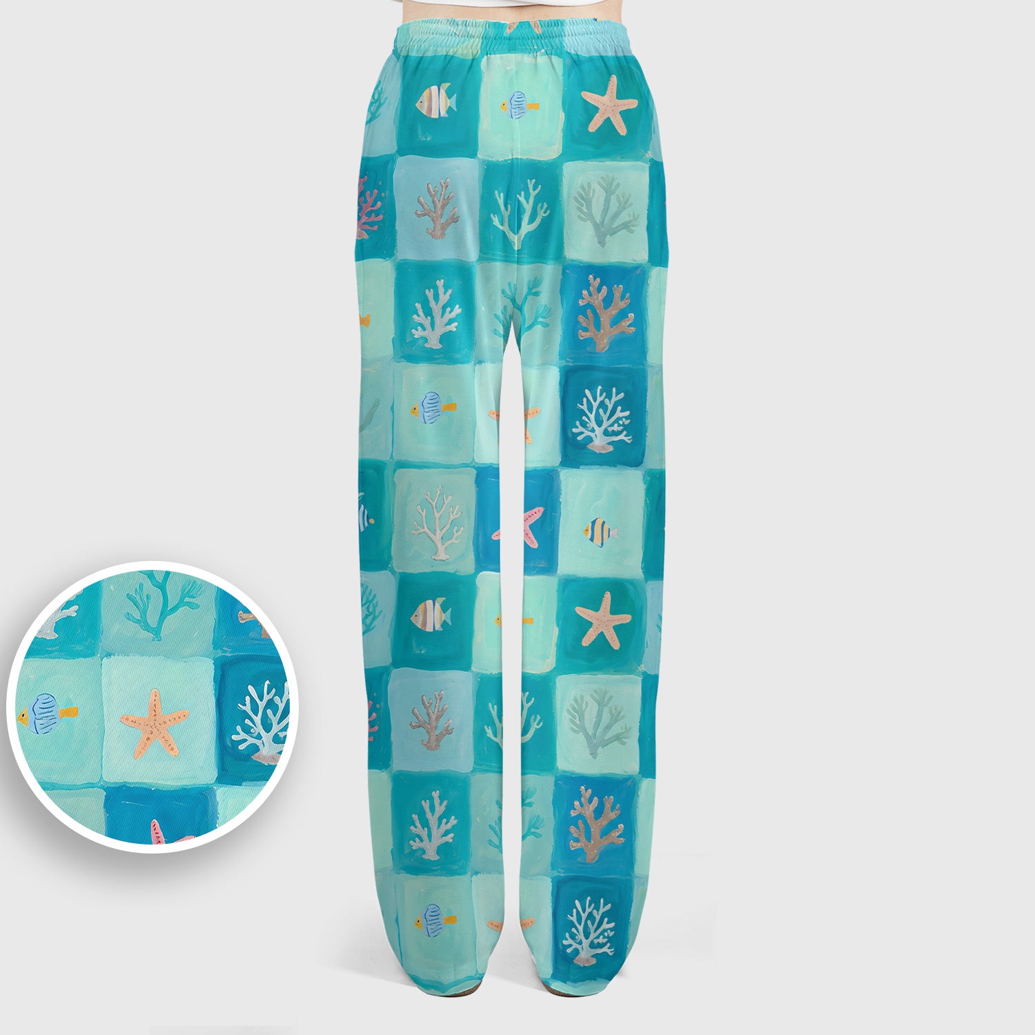 Ocean Coral Fish Starfish Checkered Pattern Scrub Set, Scrub Pants and V Neck Top