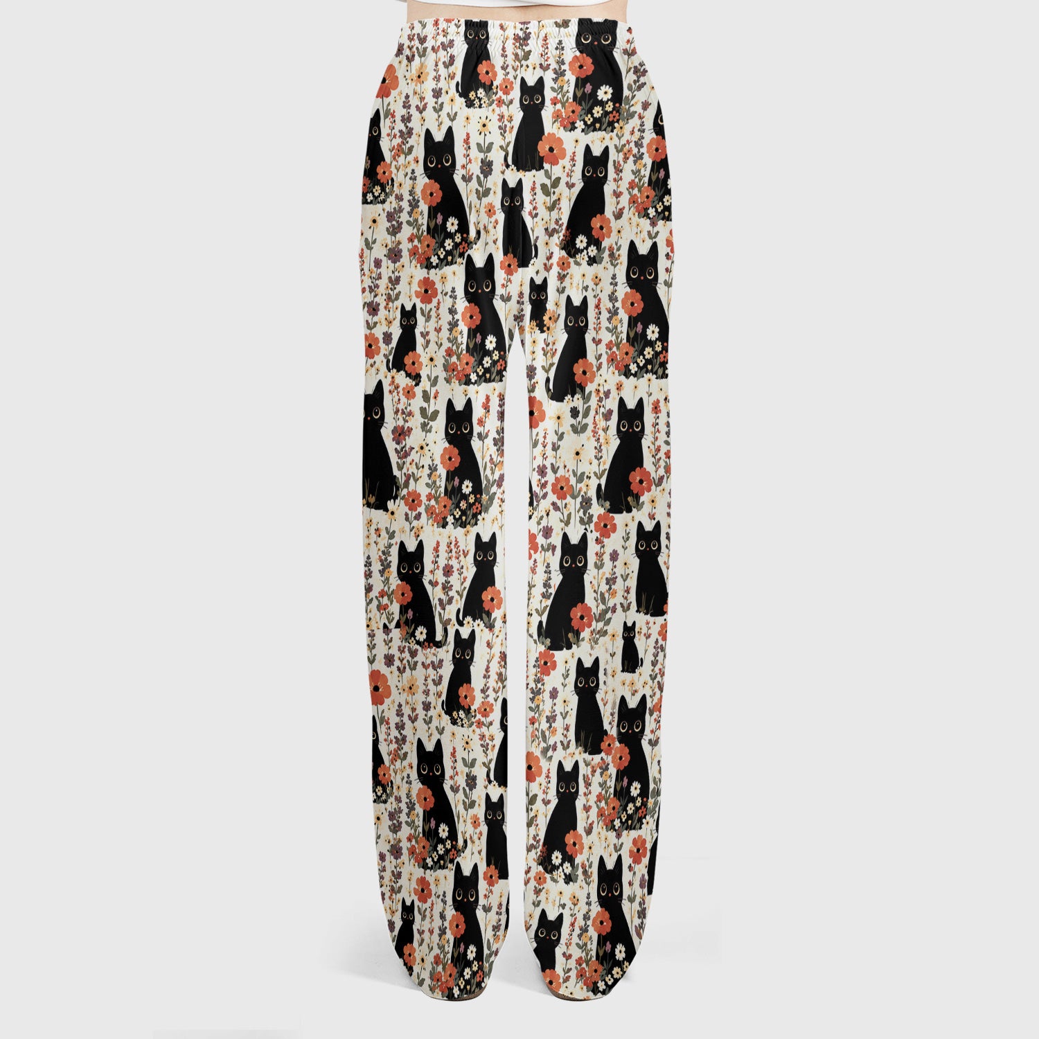 Cute Black Cat Wildflower Pattern Scrub Set, Scrub Pants and V Neck Top