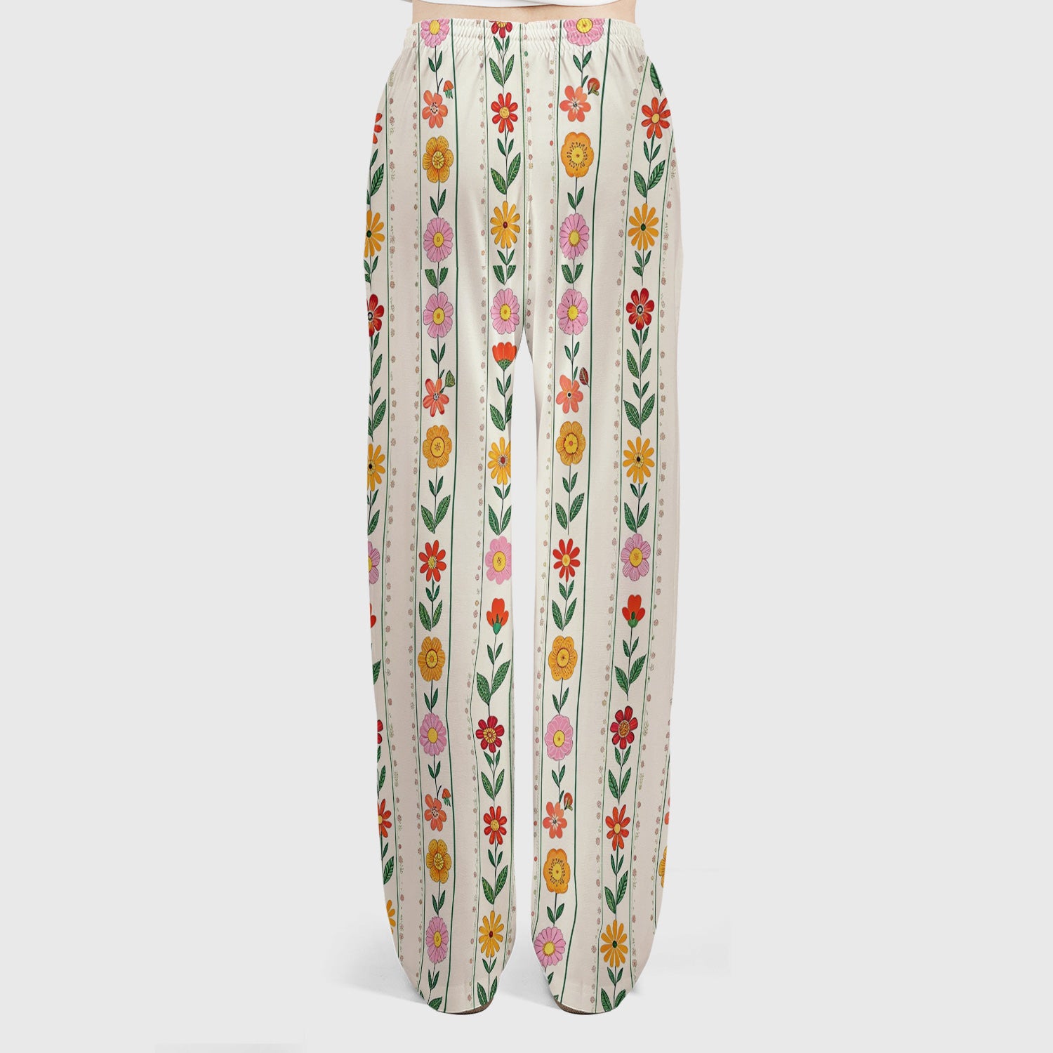 Retro Floral Stripe Print Scrub Set, Scrub Pants and V Neck Top