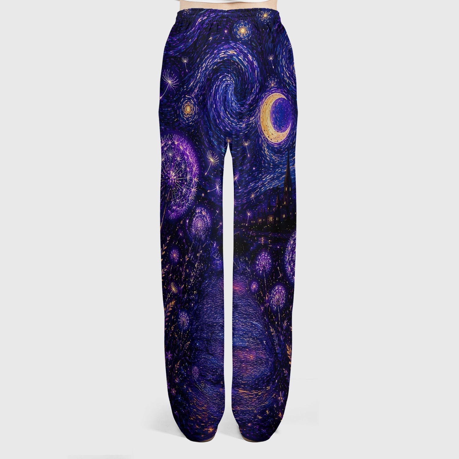 Mystical Black Cat Starry Night Print Scrub Set, Scrub Pants and V Neck Top