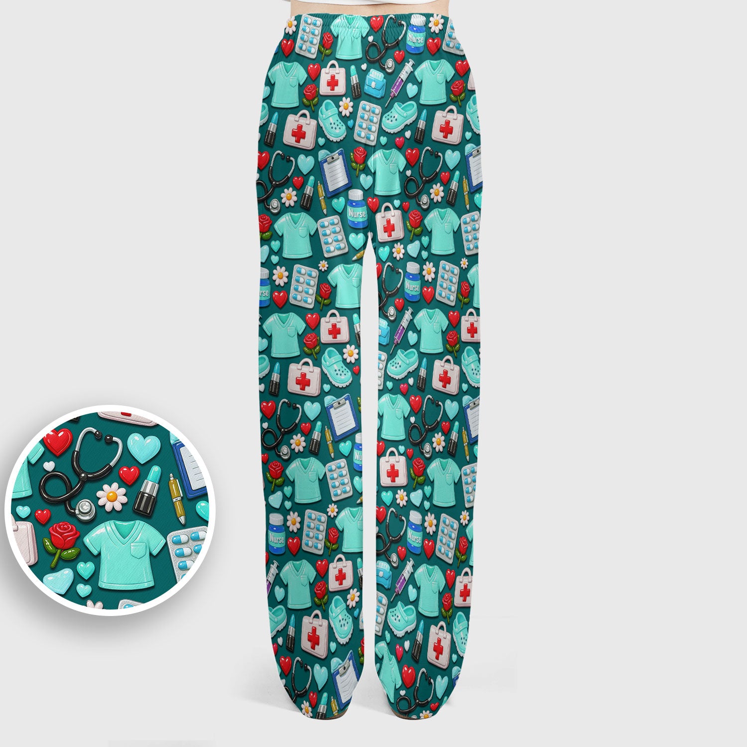Medical Icons Scrub Set, Cute Pattern Nurse Shirt, Breathable Fabrics Nursing Uniform