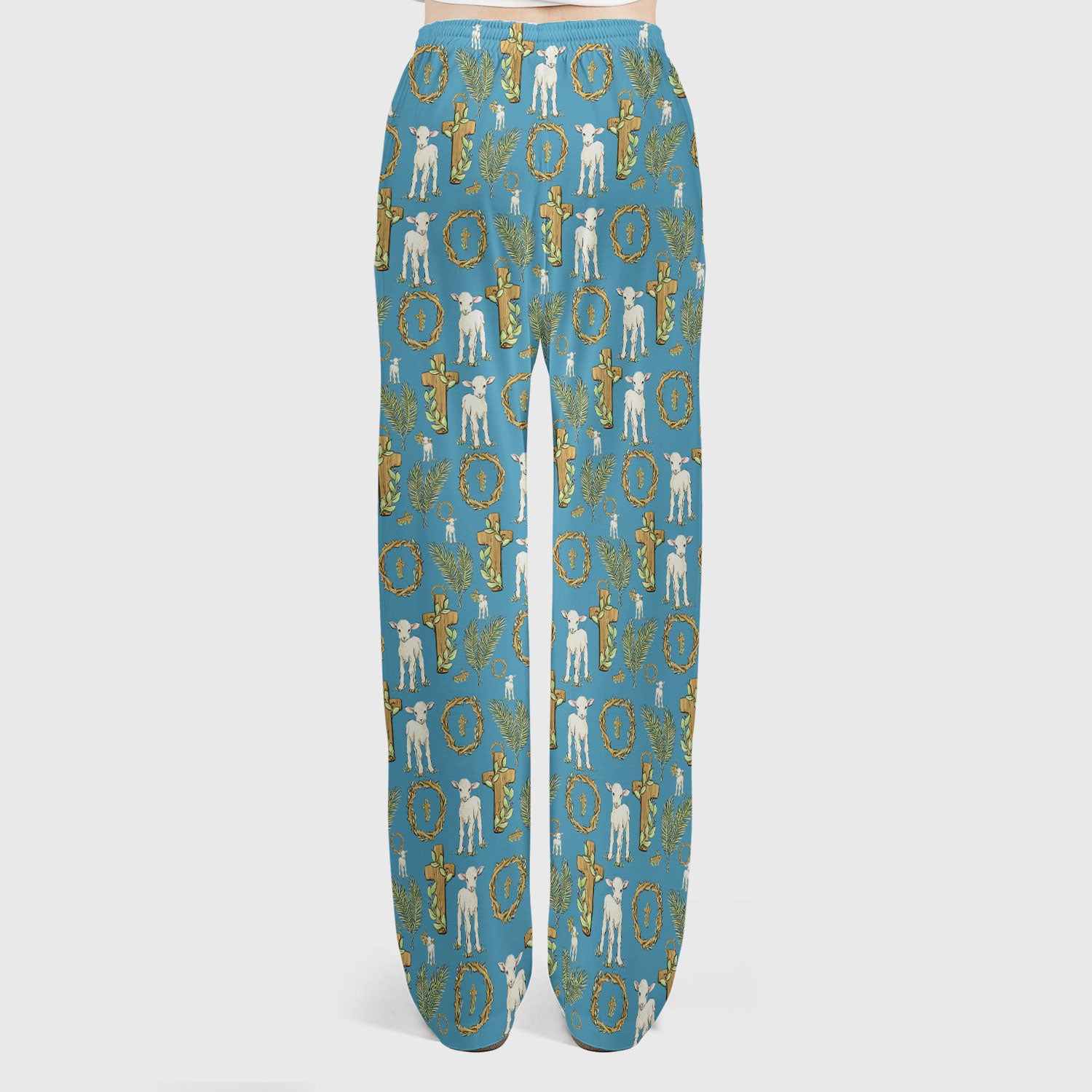 Faith Lamb Cross Pattern Women's Scrub Set, Scrub Pants and V Neck Top