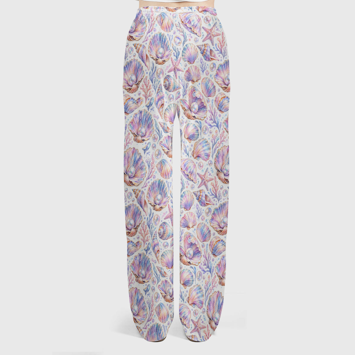 Pastel Seashell And Pearl Pattern Scrub Set, Scrub Pants and V Neck Top