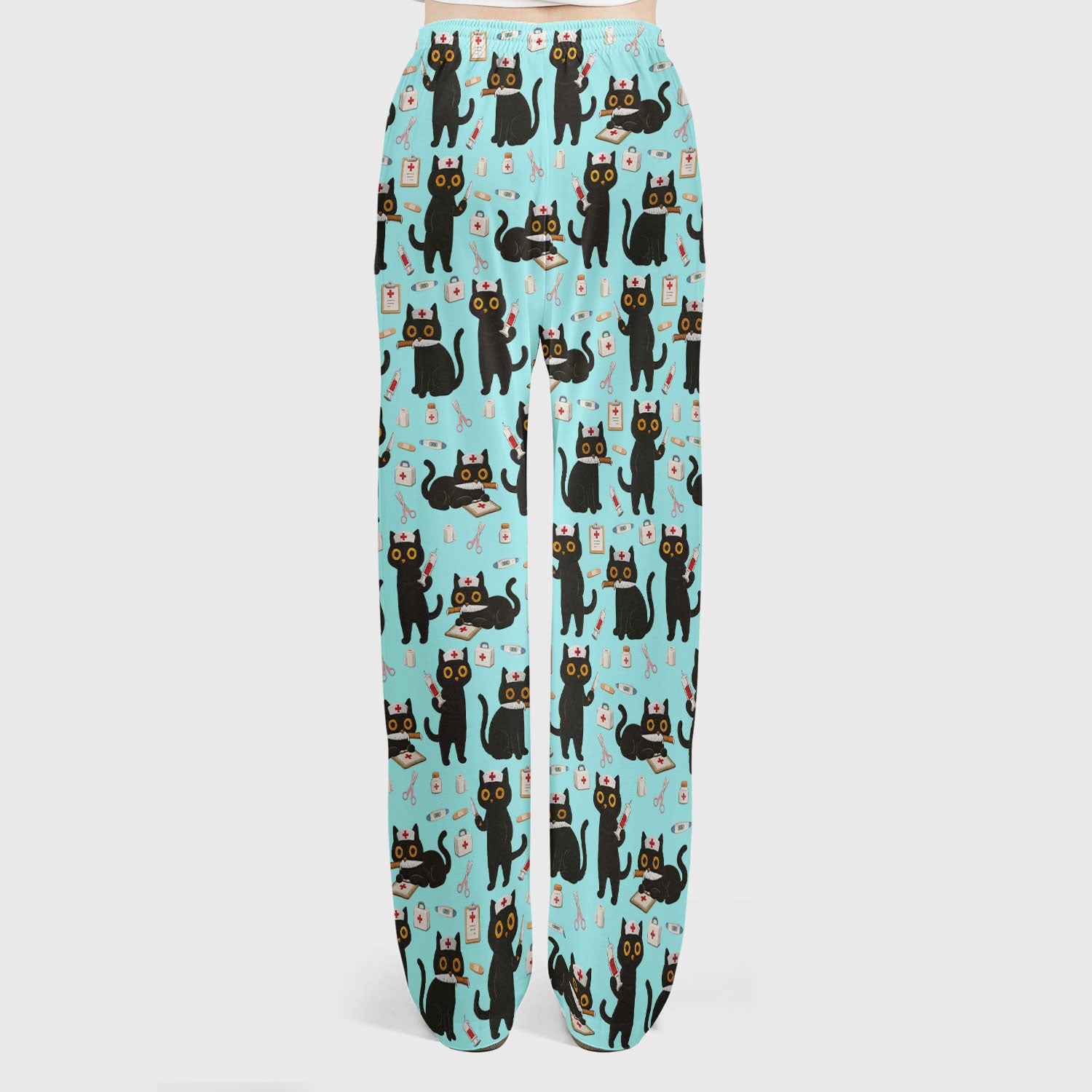 Cute Black Cat Nurse Pattern Women's Scrub Set, Breathable Med Uniform