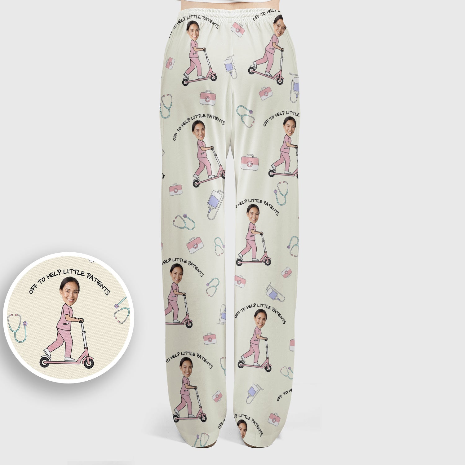 Custom Face Pediatric Nurse Scooter Pattern Scrub Set, Scrub Pants and V Neck Top