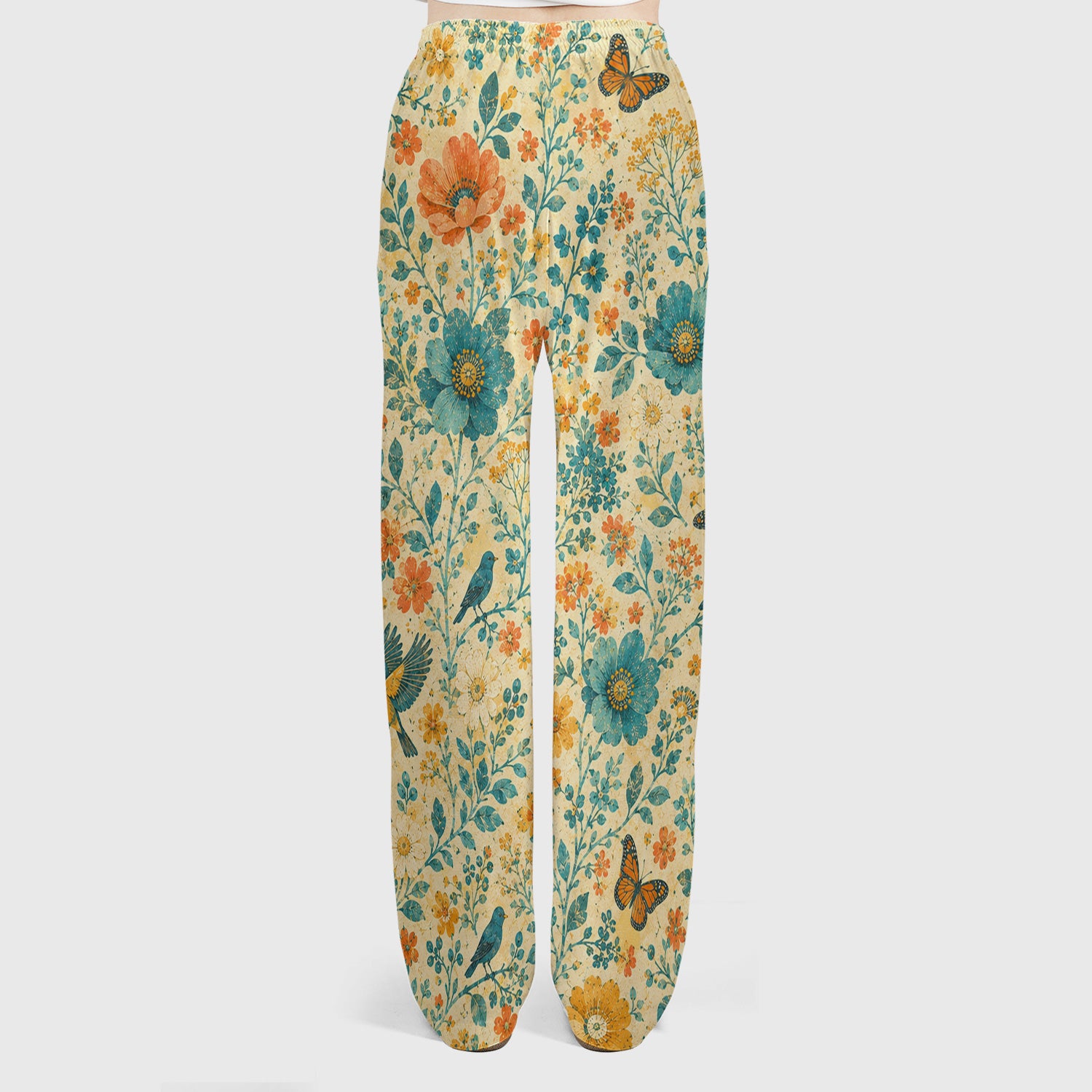 Vintage Floral Bird Butterfly Pattern Scrub Set, Scrub Pants and V Neck Top