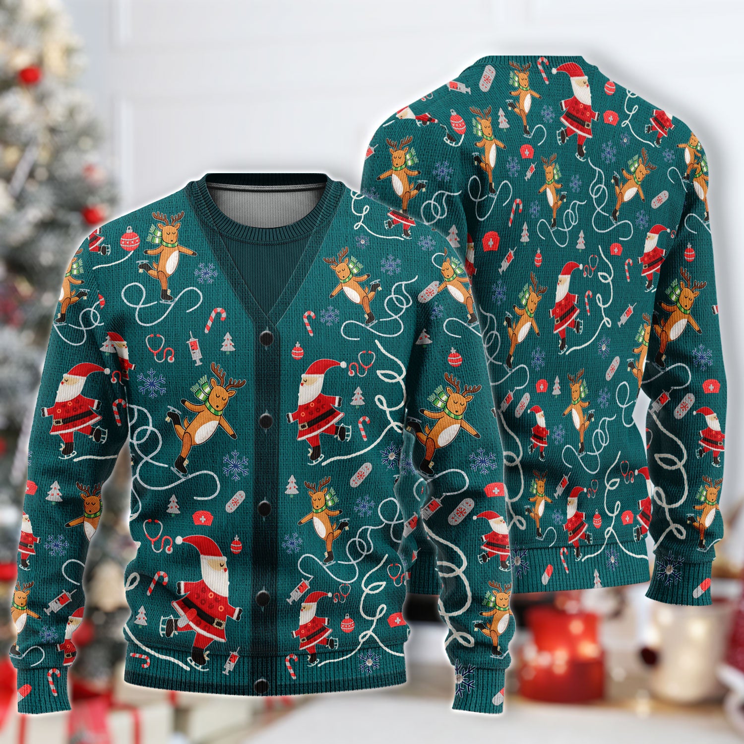 Christmas Reindeer Santa Nurse Ugly Sweater, Cute Holiday Medical Uniform Sweater for Women