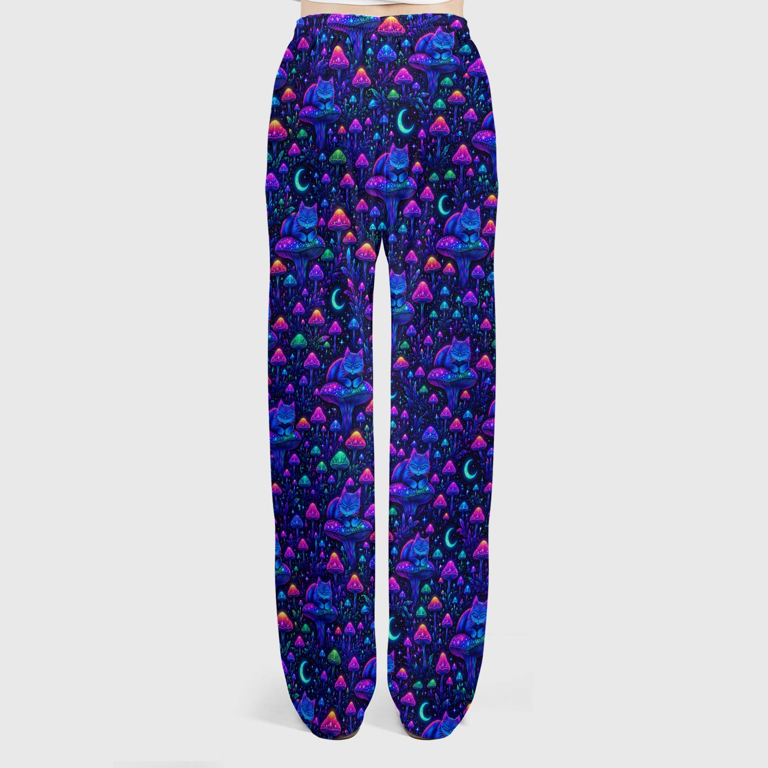 Neon Mushroom Cat Galaxy Pattern Scrub Set, Scrub Pants and V Neck Top