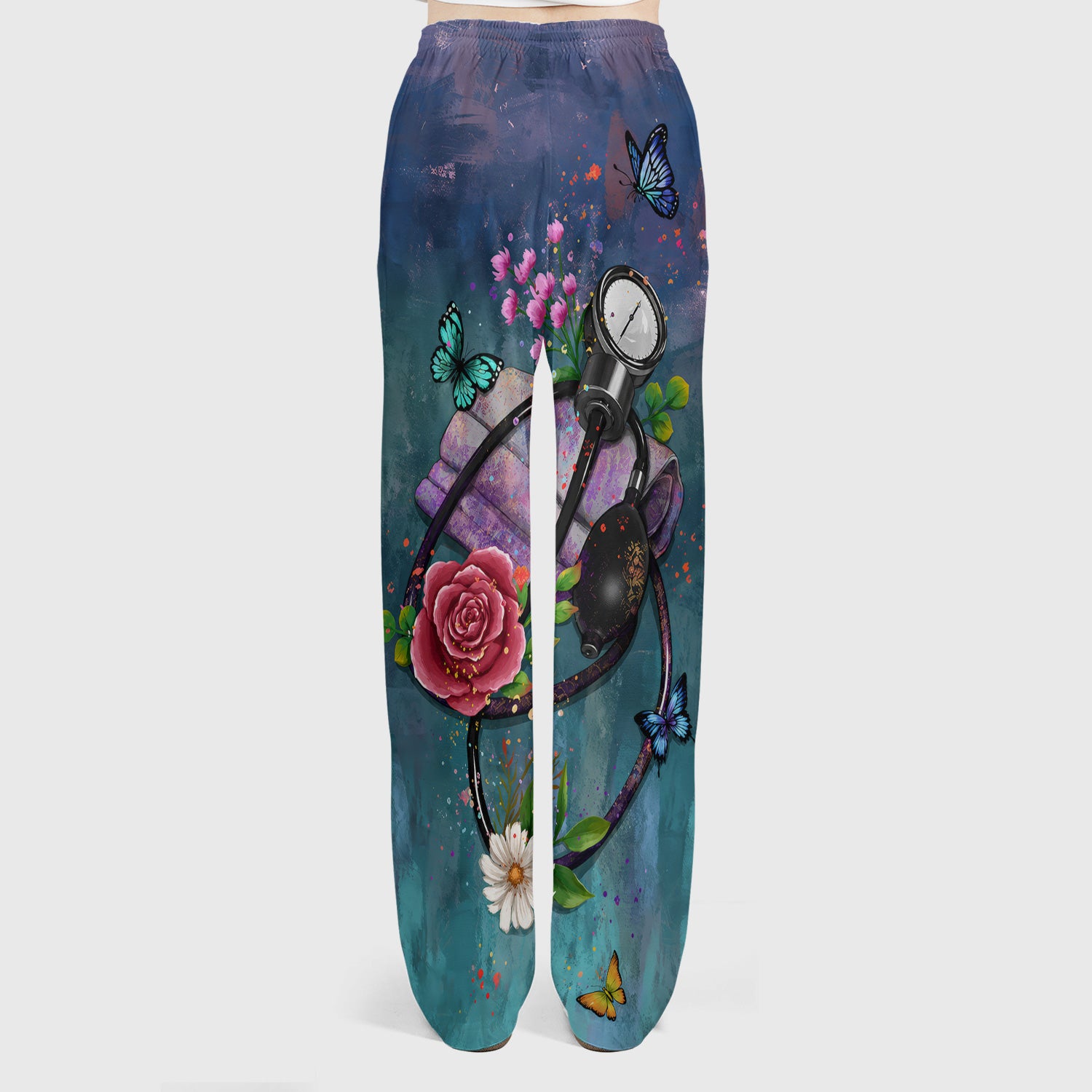 Floral Stethoscope Nurse Pattern Scrub Set, Scrub Pants and V Neck Top