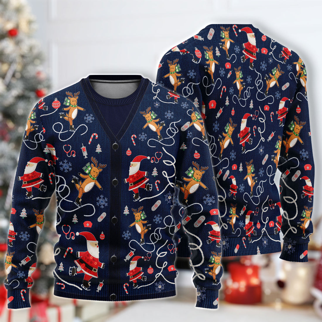 Christmas Reindeer Santa Nurse Ugly Sweater, Cute Holiday Medical Uniform Sweater for Women