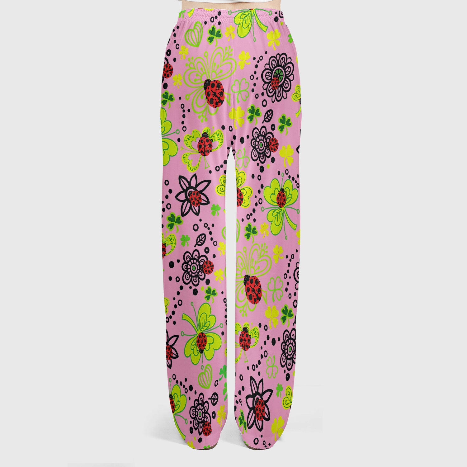 Ladybug Clover Floral Pattern Print Scrub Sets, Scrub Pants and V Neck Top
