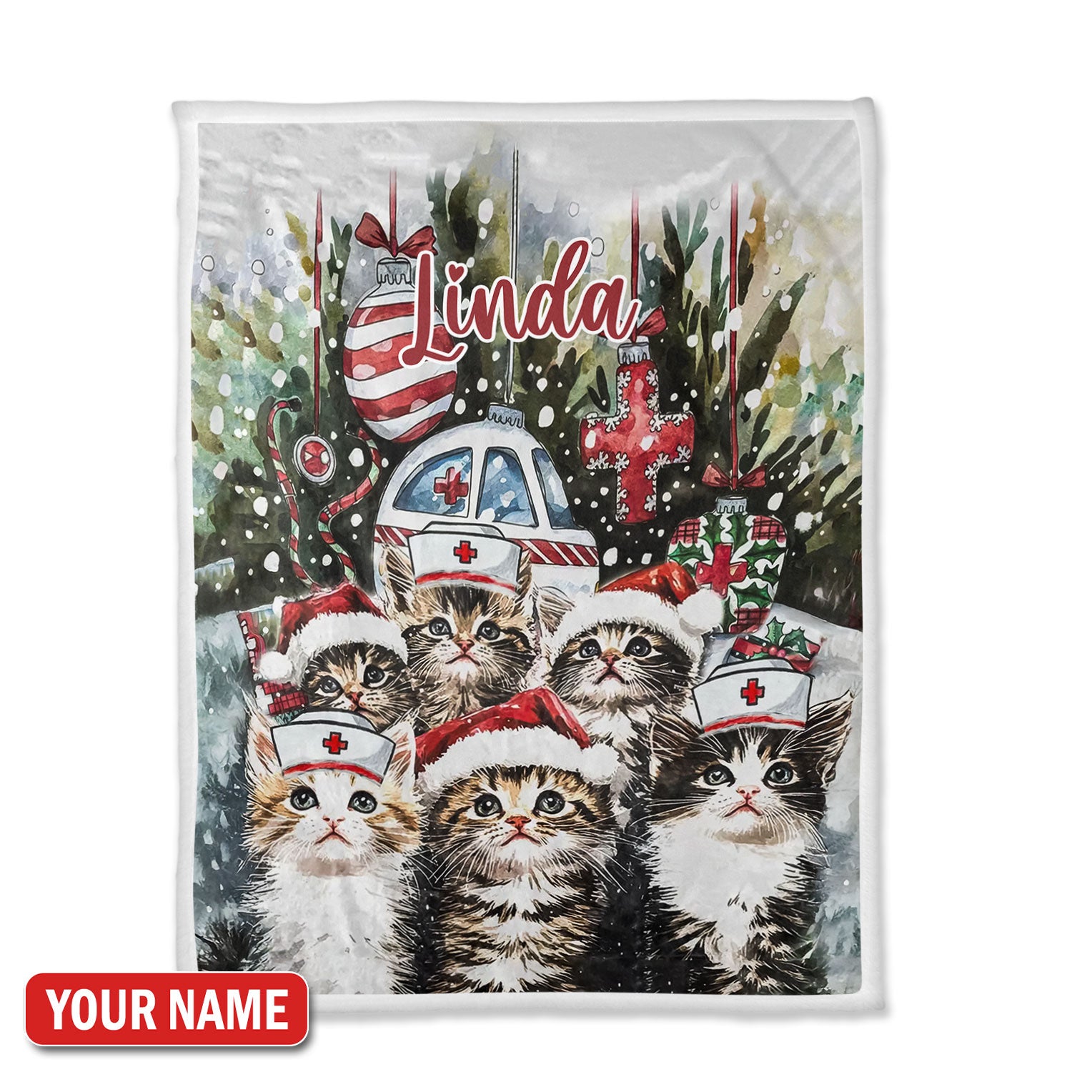 Custom Nurse Cat Blanket, Personalized Christmas Throw Blanket With Name, Cute Kitty Nurse Gift for RNs And Healthcare Workers