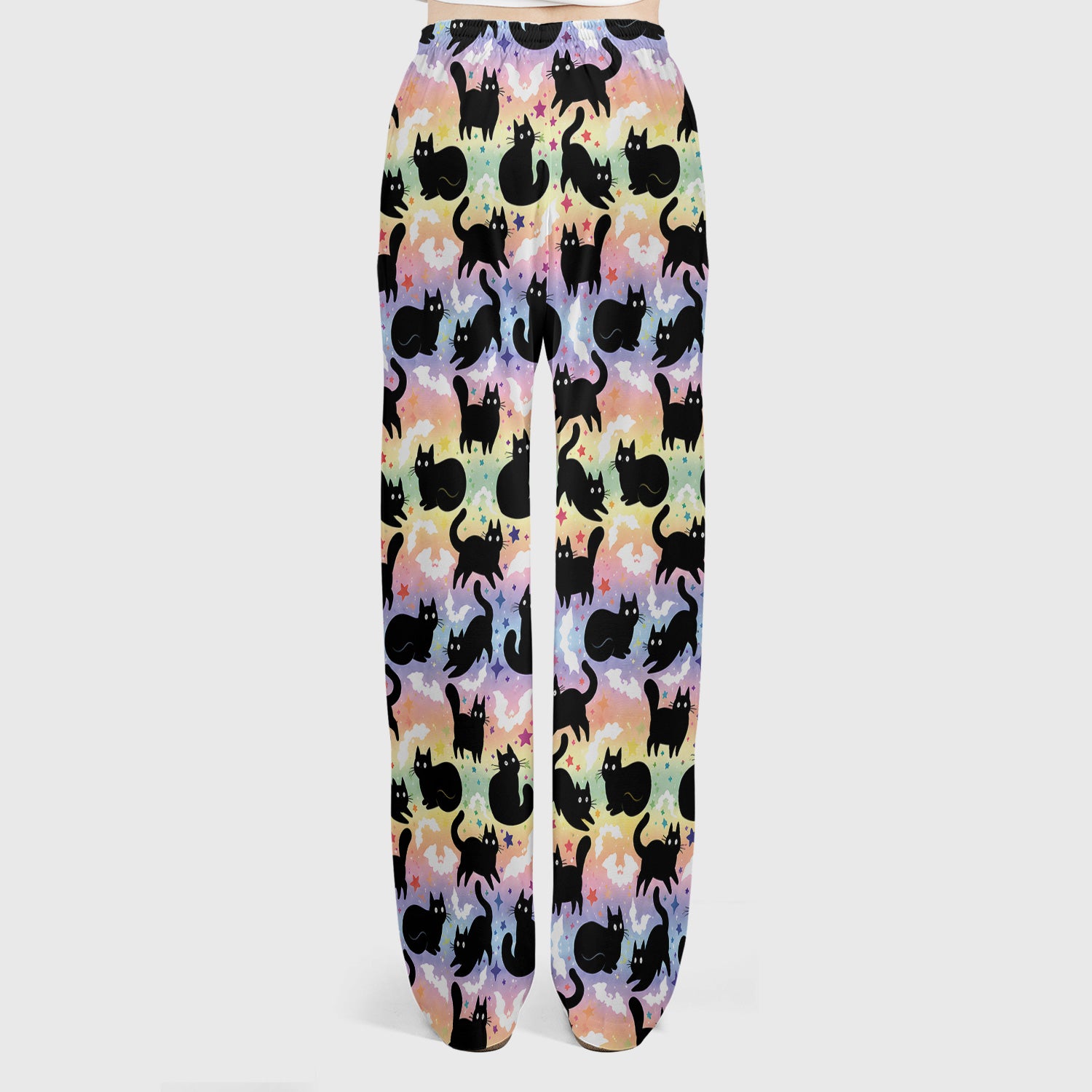 Pastel Star Black Cat Pattern Scrub Set, Scrub Pants and V Neck Top