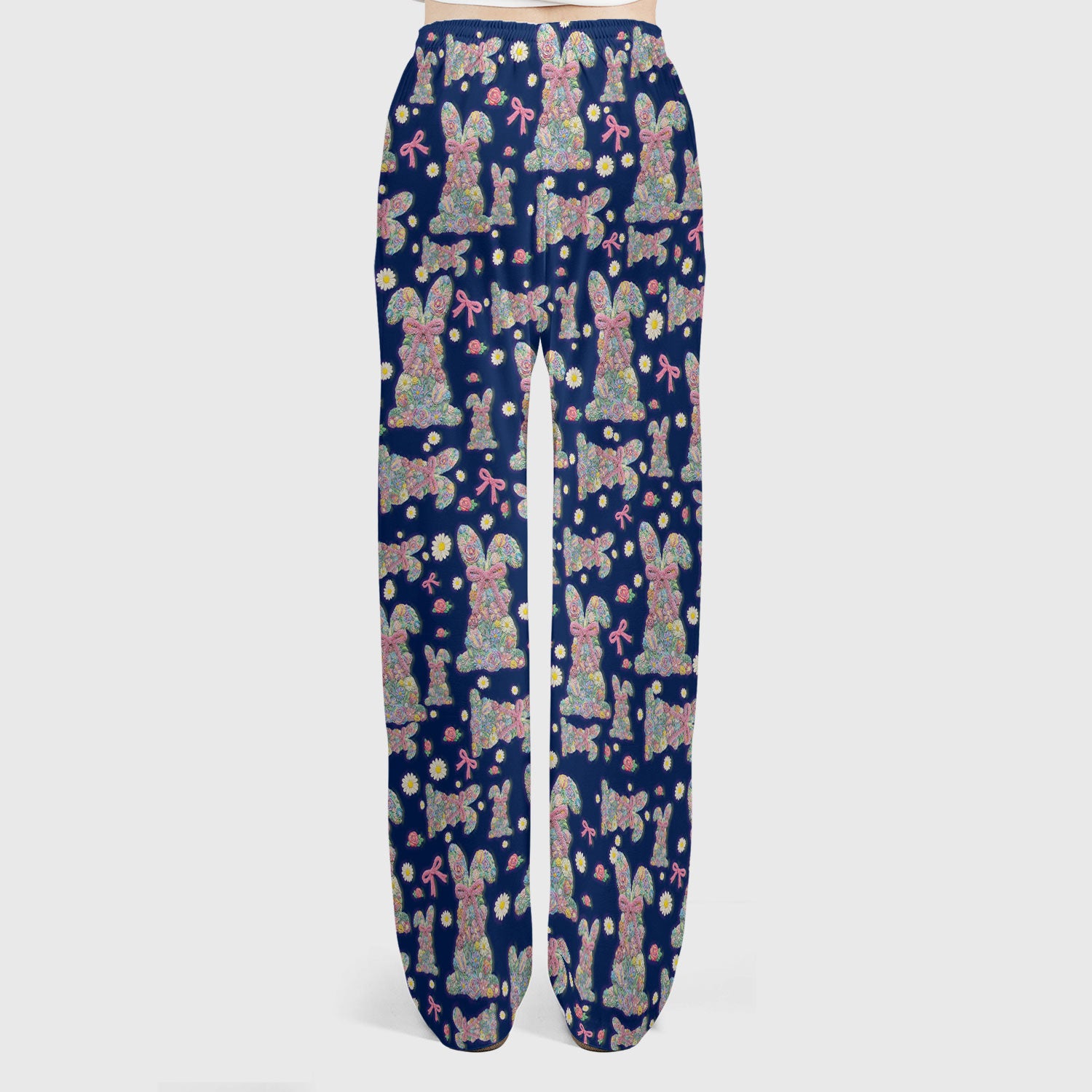 Colorful Floral Bunny with Pink Bow Pattern Scrub Set, Breathable Med Uniform