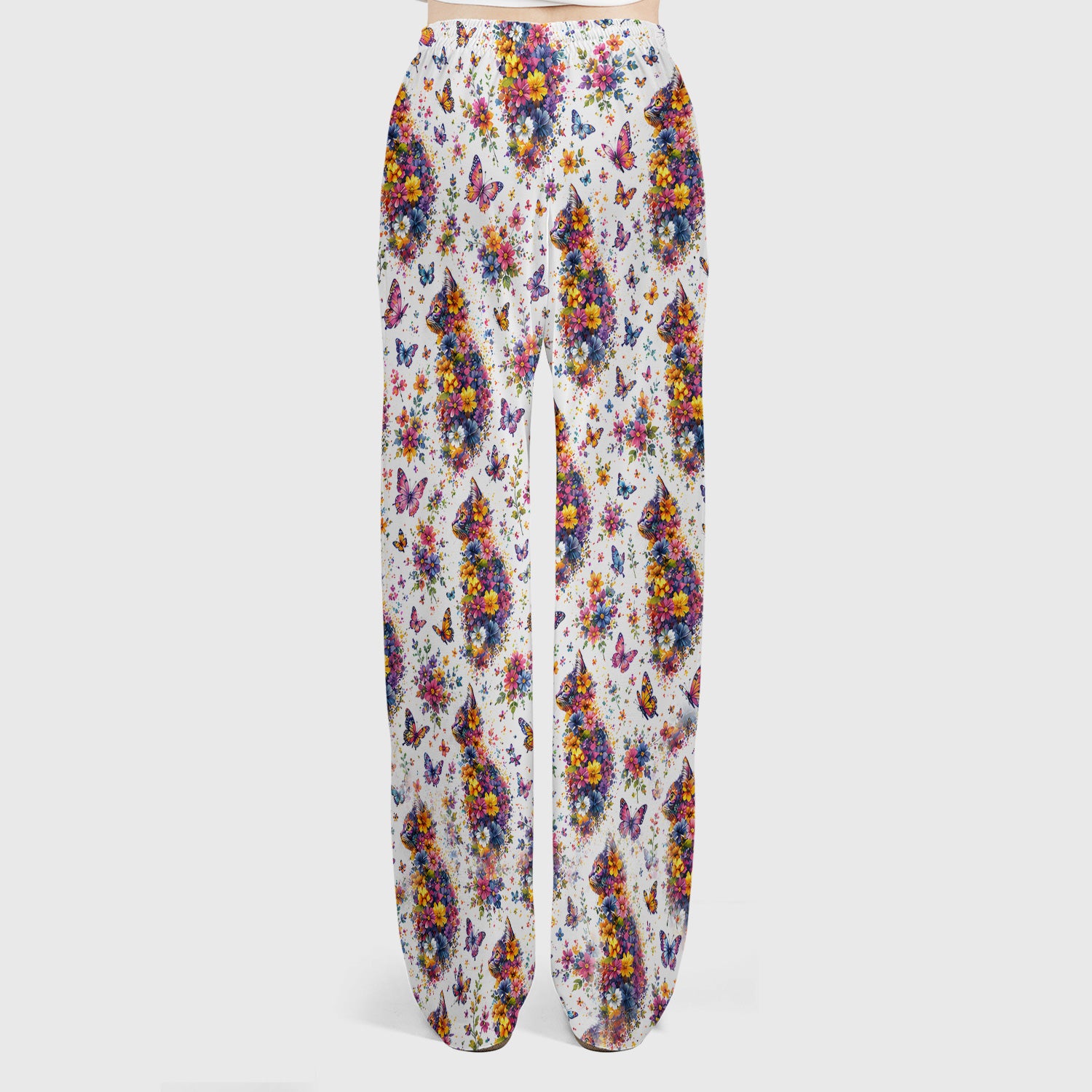 Cute Floral Cat With Butterfly Pattern Scrub Set, Scrub Pants and V Neck Top