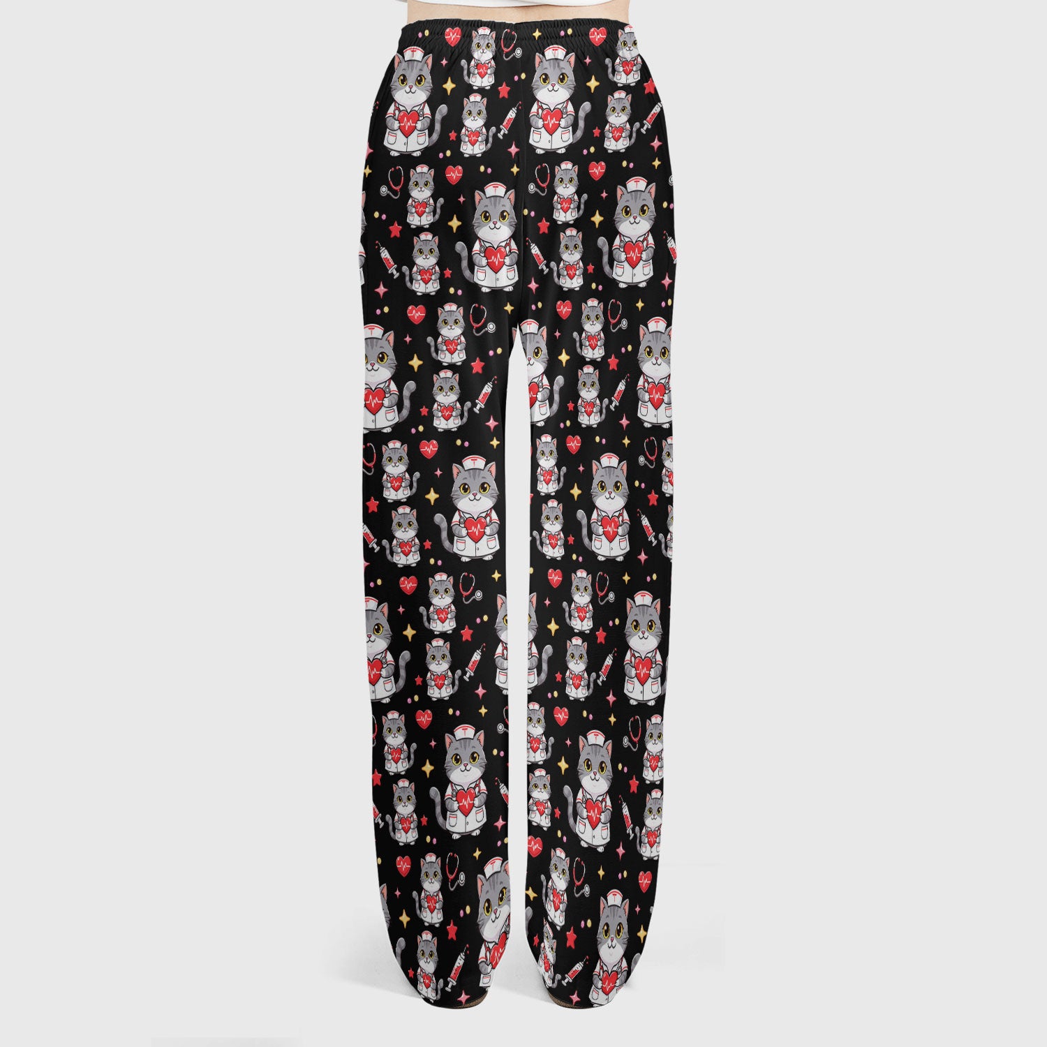 Cute Nurse Cat Heart Medical Print Scrub Set, Scrub Pants and V Neck Top