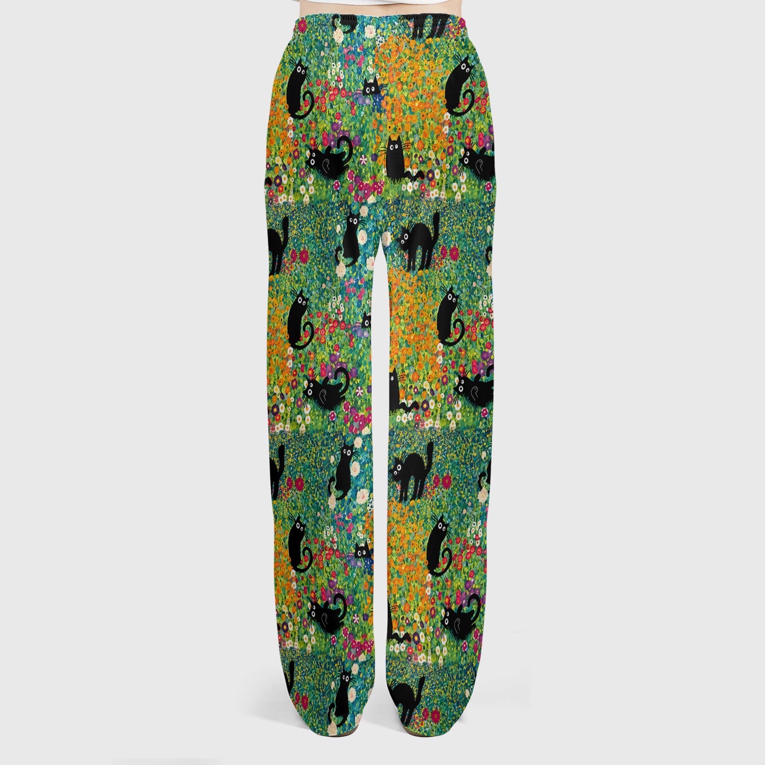 Black Cat Flower Garden Pattern Scrub Set, Scrub Pants and V Neck Top