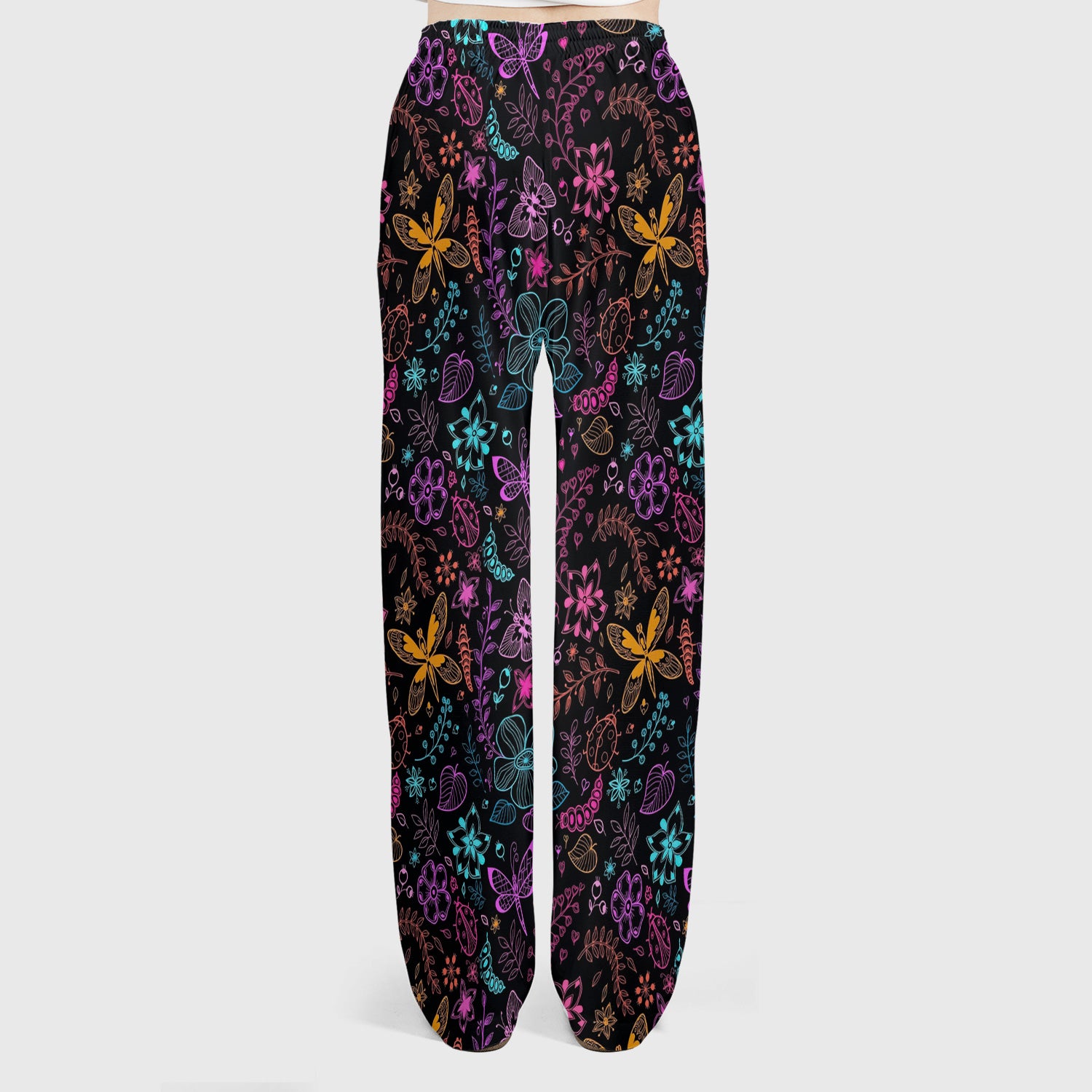 Neon Butterfly and Floral Garden Pattern Scrub Set, Scrub Pants and V Neck Top