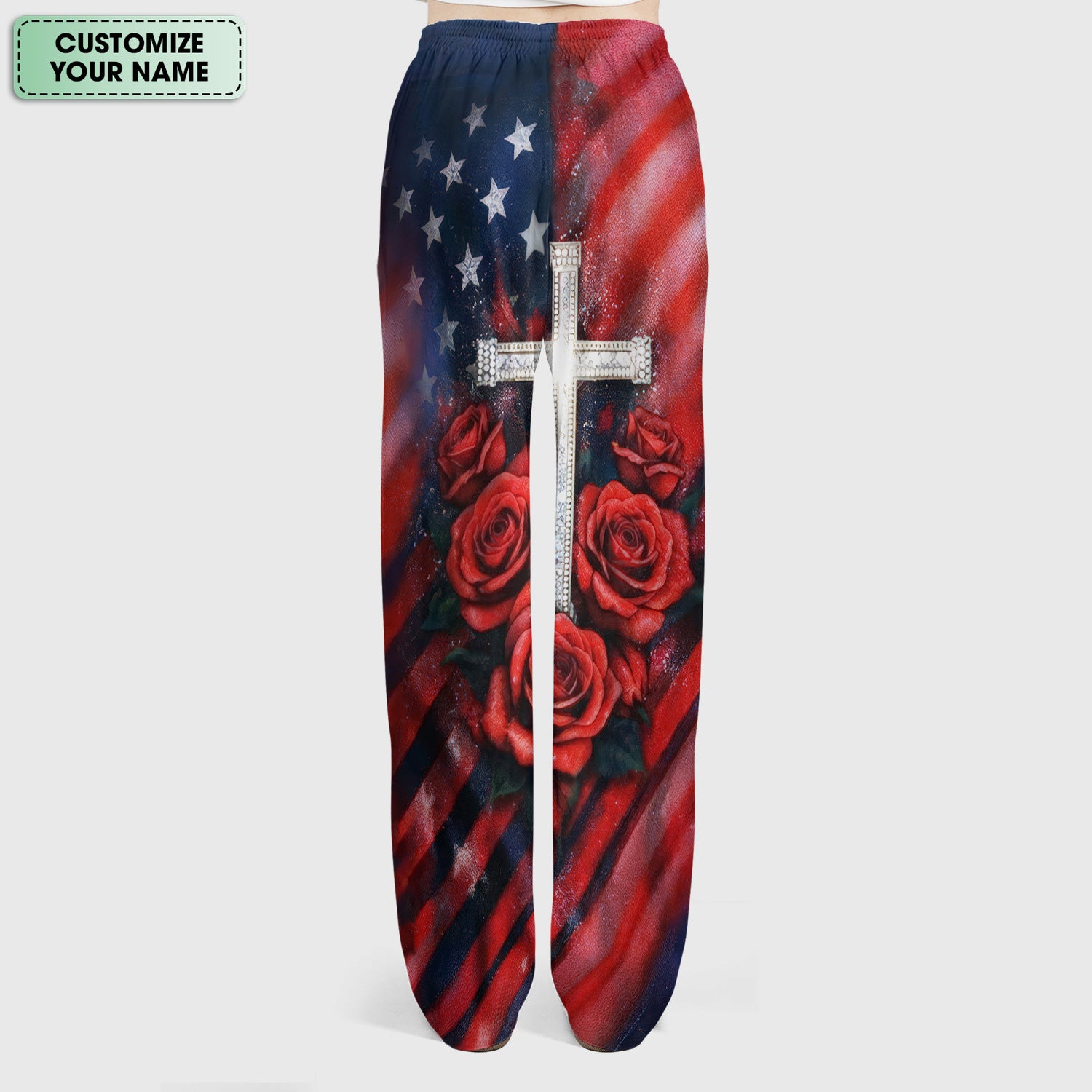 Custom Name Patriotic Cross Butterfly Rose Print Scrub Set, Scrub Pants and V Neck Top
