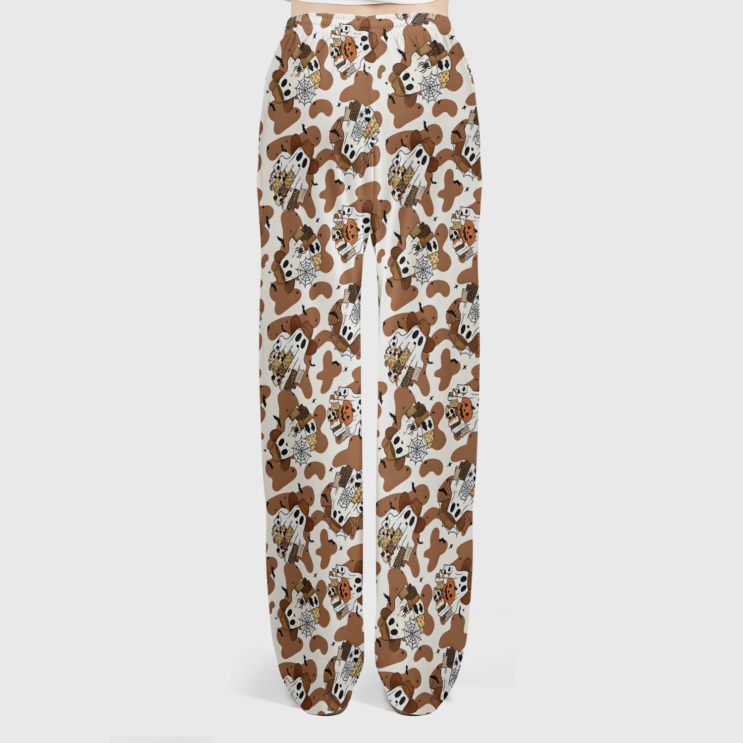 Halloween Cow Ghost Print Scrub Set, Scrub Pants and V Neck Top