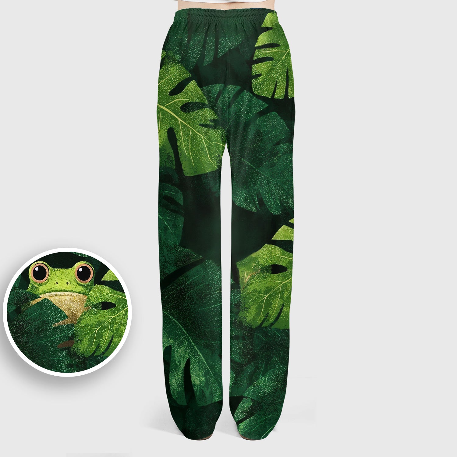 Cute Frog Hiding Jungle Leaves Pattern Nurse Scrub Set, Scrub Pants and V Neck Top